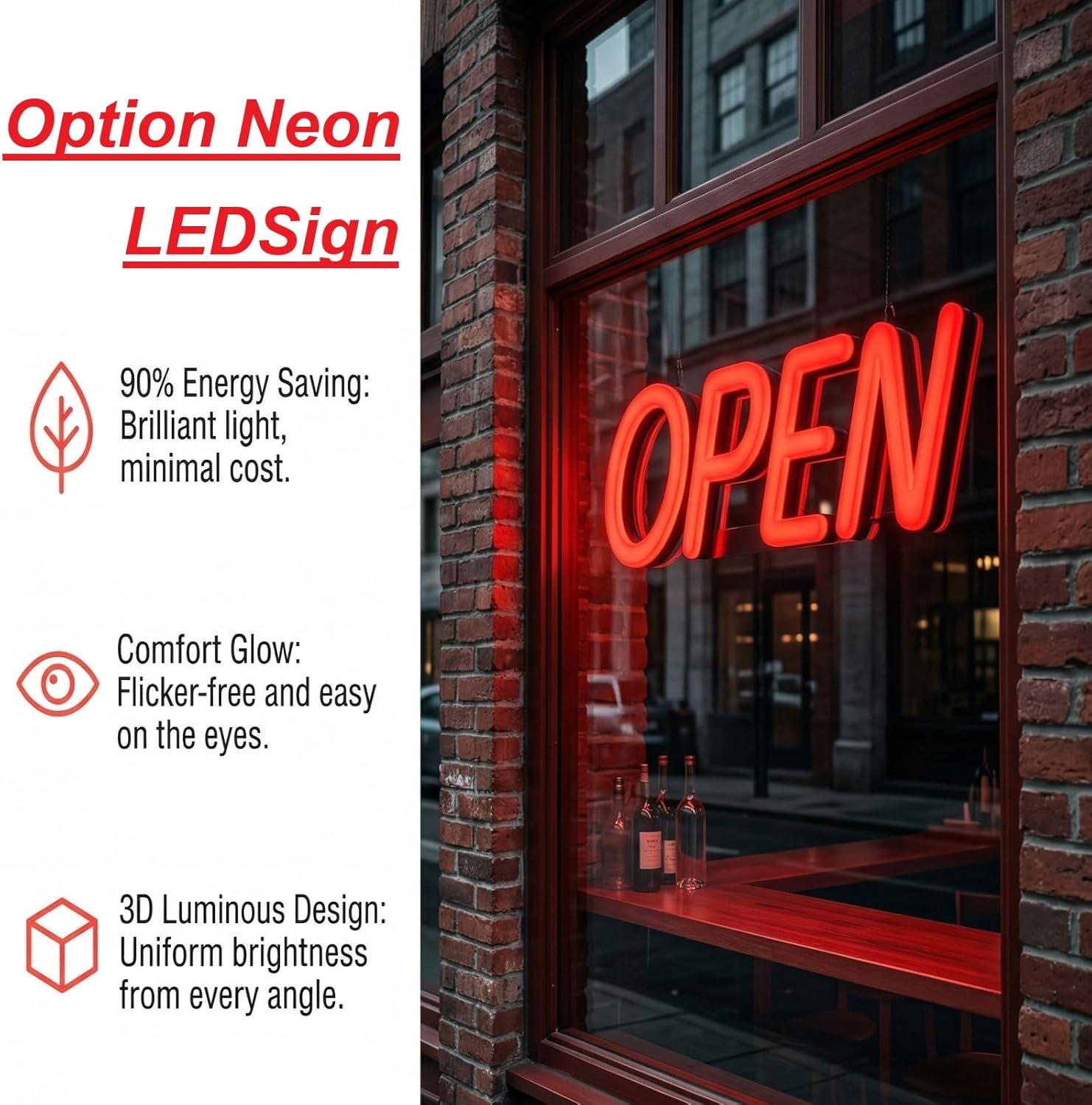 18in RED Opti Neon LED OPEN Sign for Business, Injection Molded, Flash and Speed Adjustable, 12V less than 10W, Easy to Install, Indoor Use Only