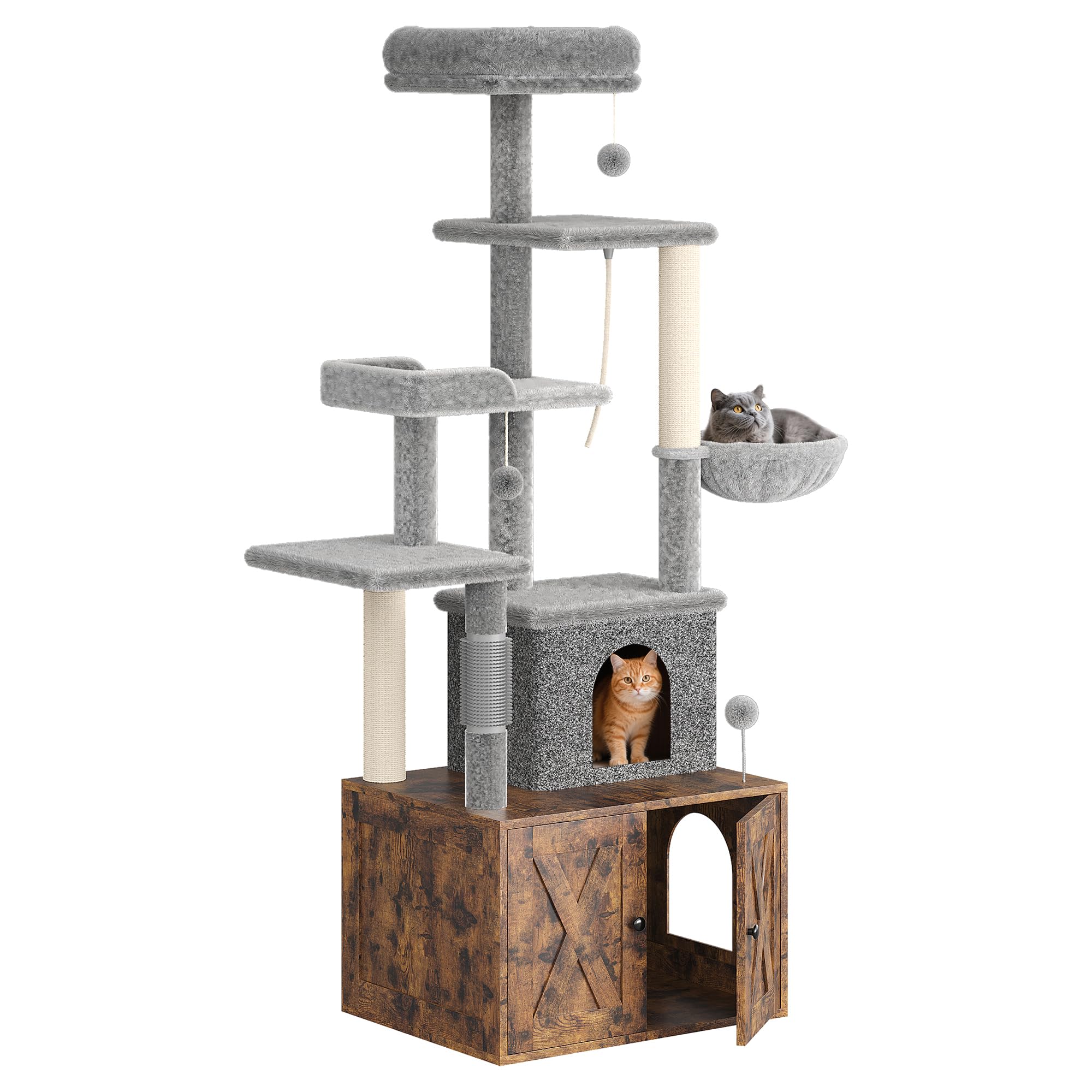3-in-1 Modern Cat Tree with Hidden Litter Box Enclosure - Cat Condo Cabinet with Scratching Post, Hammock & Multiple Perches - Classic Brown