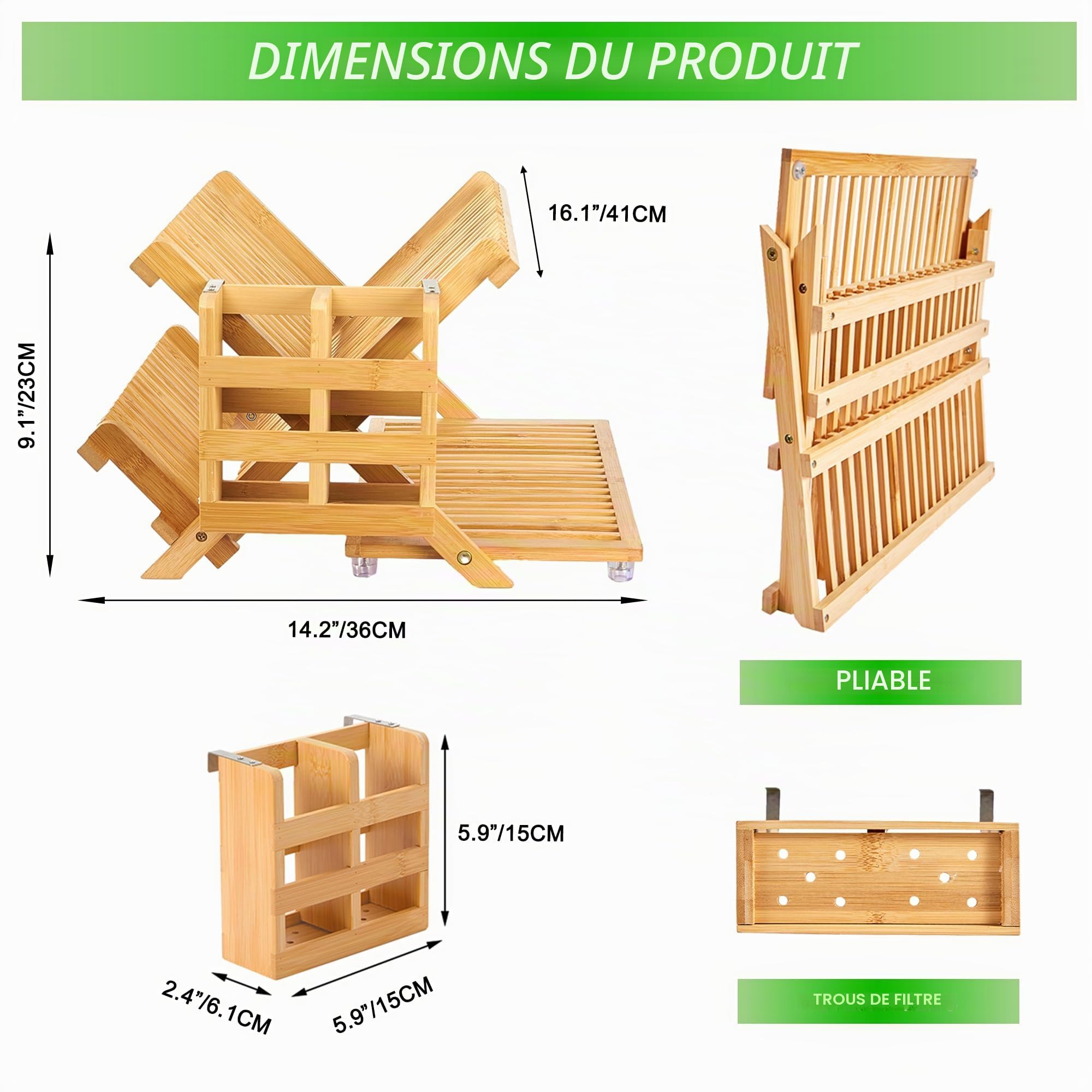 NOVAYEAH Égouttoir à Vaisselle en Bambou avec Porte-ustensiles, égouttoir à Vaisselle Pliable en Bois, Grand Support de séchage Pliable à 3 Niveaux pour comptoir de Cuisine