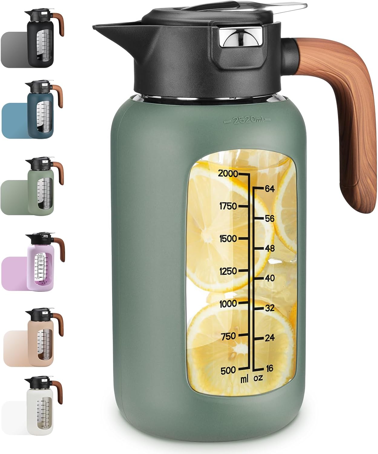 84 oz Glass Pitcher with Lid and Handle- Borosilicate Glass Water Jug/Carafe for Hot & Cold Beverages, 2.5L Large Pitcher with Silicone Sleeve & Wide Mouth, Fridge Safe for Iced Tea, Coffee, Juice