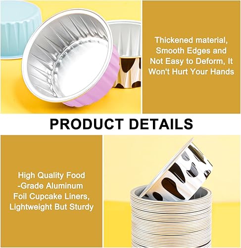 Miniatura 3 de RETON 100 tazas de papel de aluminio para hornear, mini moldes para pasteles con tapas, moldes de papel de aluminio de 5 onzas para cupcakes, moldes