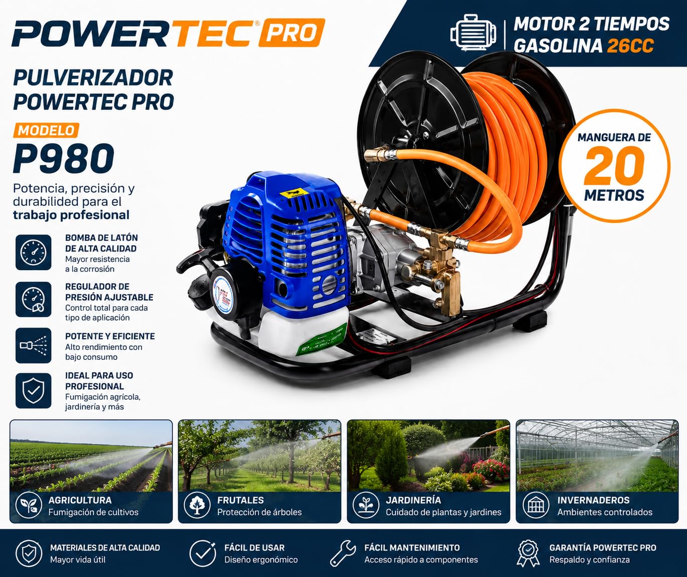 Powertec Pulverizador a Gasolina P980, Motor 2 Tiempos 26 cc, Bomba de Pistón, Presión 2-25 Bar, Caudal 6-8 L/min, Manguera 20 Metros
