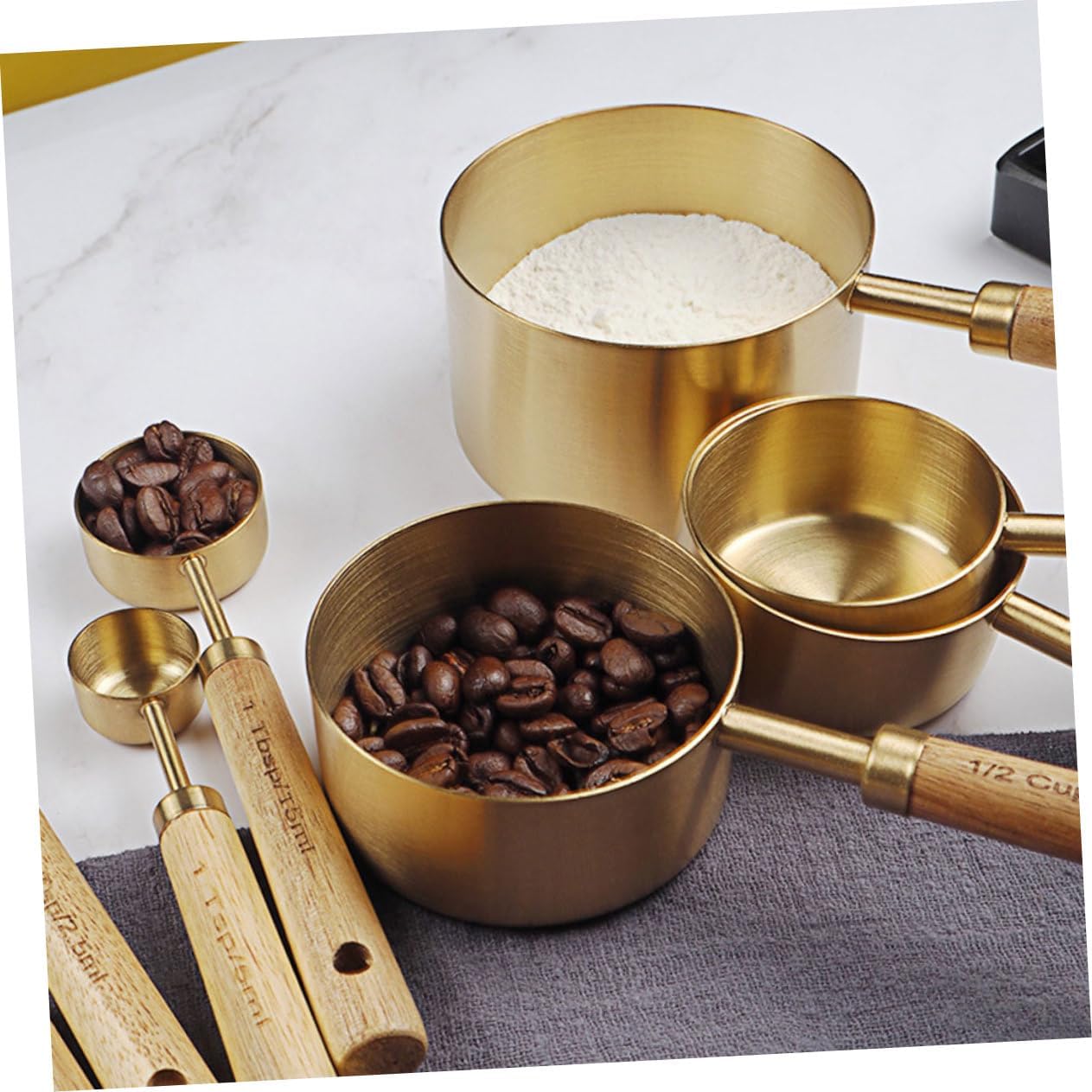 8pcs Stainless Steel Measuring Cup Spoon Set Wooden Handles Stackable for Baking Cooking