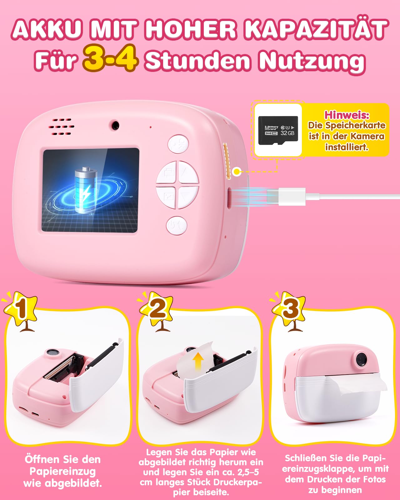 Kinderkamera, 48MP 1080P Sofortbildkamera Kinder Kamera Sofortdruck mit 32GB Karte & 4 Rollen Fotos Drucken Druckpapier, Fotoapparat Fotokamera Spielzeug Geschenke für Jungen & Mädchen von 3-12 Jahre