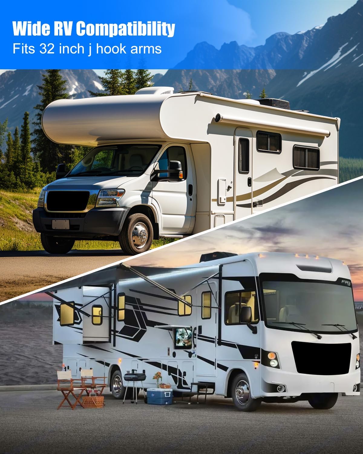 1Pair 32 Inch RV Windshield Wiper Blade for 9mm＆12mm J-Hook Arms, Heavy Duty Saddle Mount Wiper Blade for Class A Motorhomes Bus with 2 Rubber Refills＆2 Rubber Strips Replacement