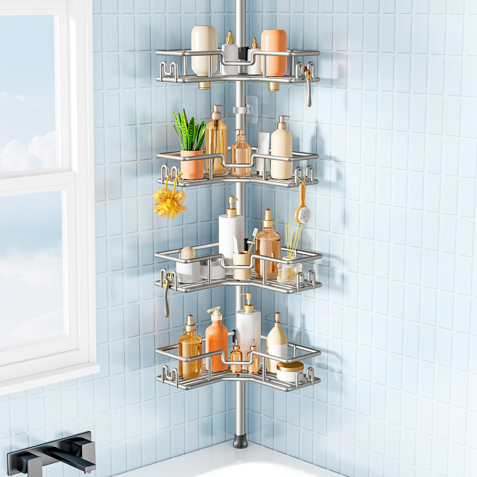 HAMITOR Telescopic Shower Caddy Corner: 4-Tier No-Drill Rustproof Bathroom Accessories Storage Shelf with Soap Holder & Hooks,Adjustable Tension Pole Shower Organiser for Renters,119-307cm Silver Gray