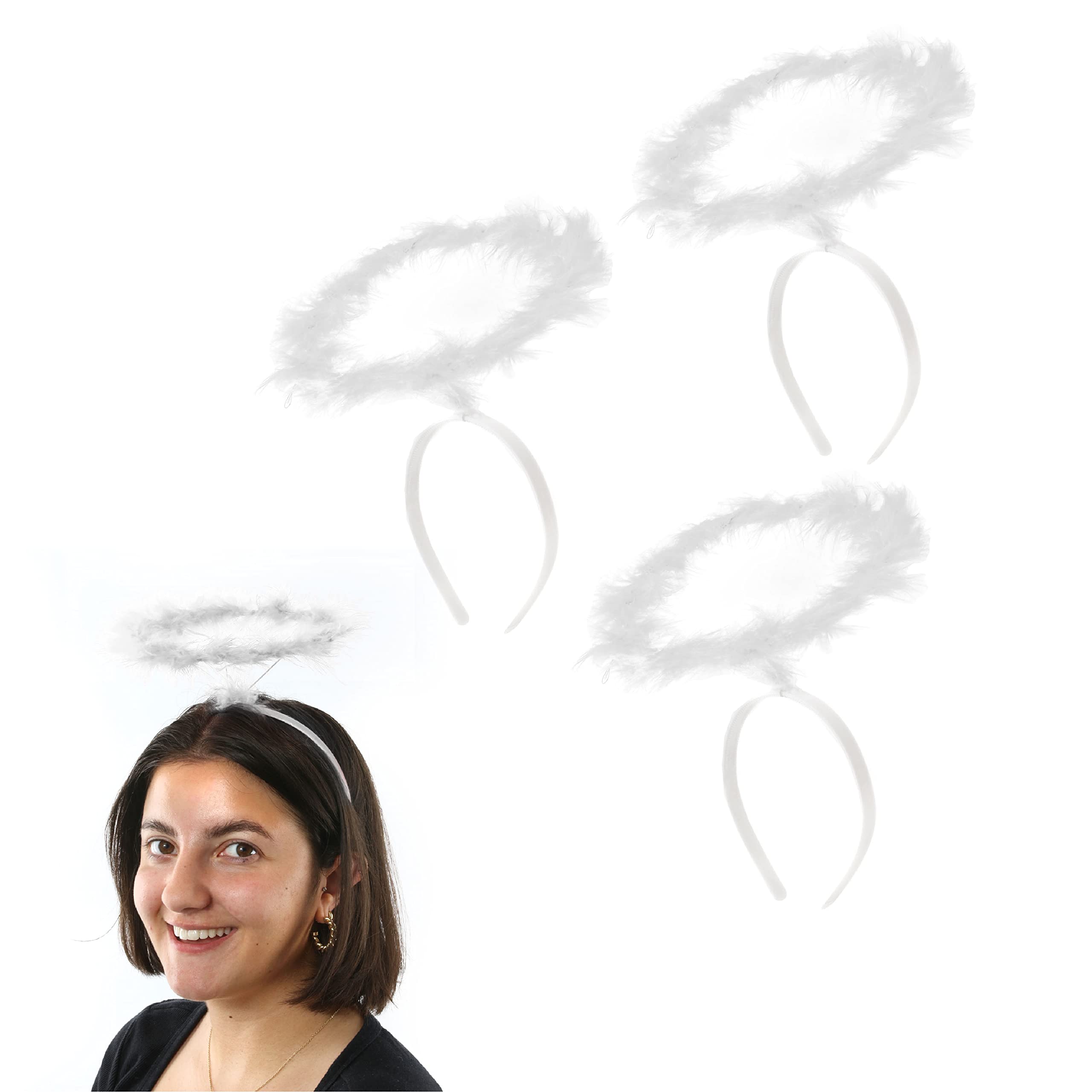 White Angel Marabou Halo - Pack of 3 - Fluffy Halo on Headband - Fancy Dress Costume Accessory