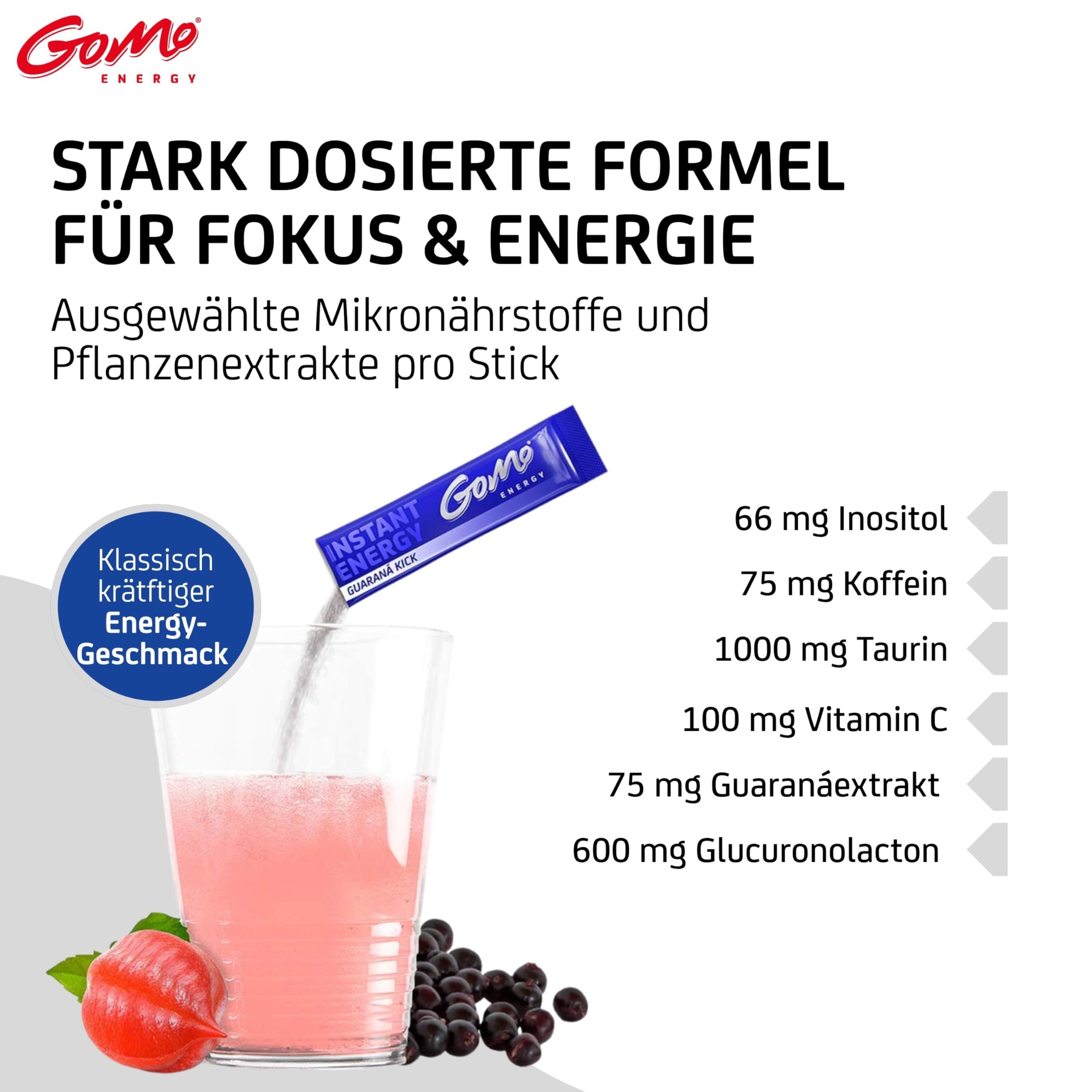 GoMo ENERGY – Instant Energy Getränkepulver mit Guarana, Koffein, Taurin & Vitamin-B-Komplex – zuckerfreier Instant Energy Drink – Wachmacher mit Energy Geschmack (Guaraná Kick) (100 Stk)