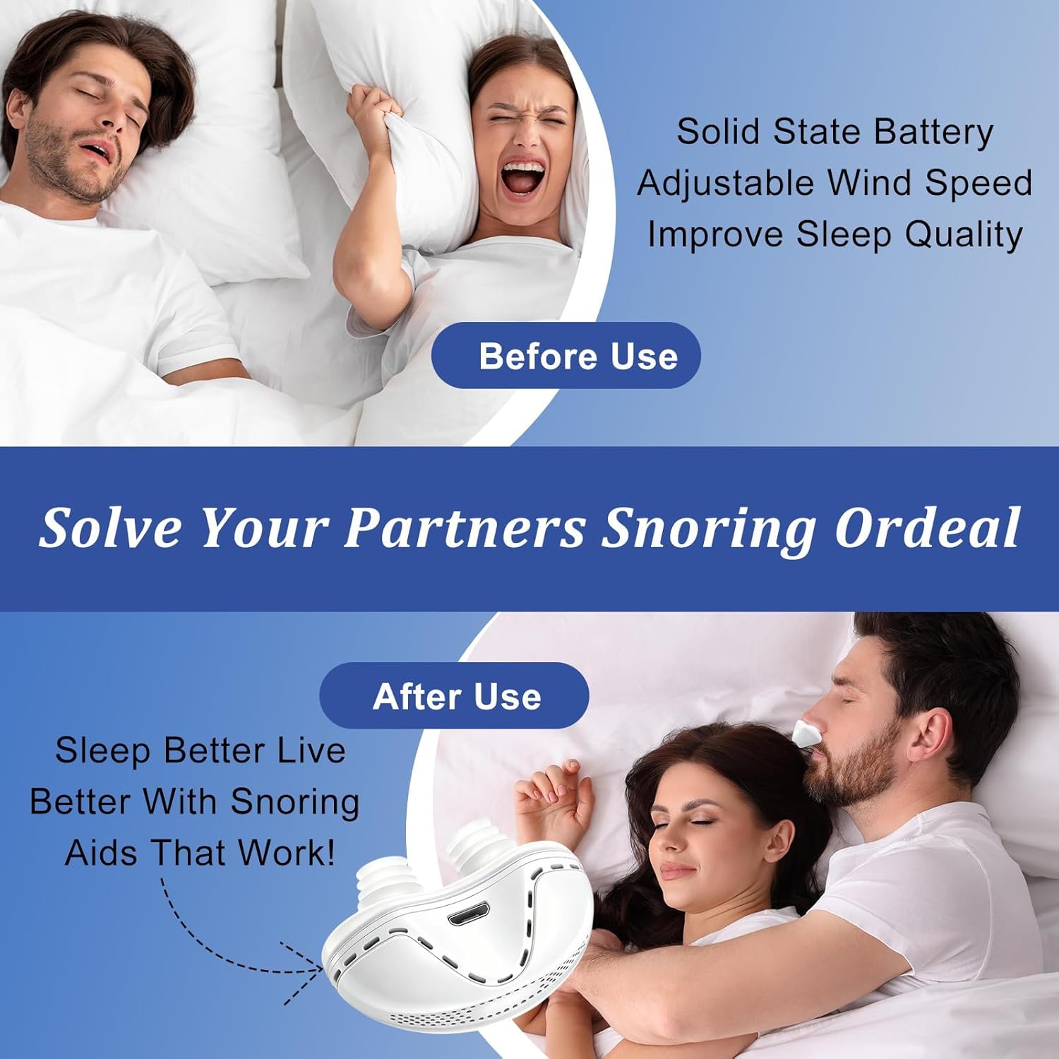 Anti Snoring Devices, Electric Anti Snoring Device, Effective Snoring Prevention, Sleep Apnea Devices for Men and Women, Adjustable Wind Speed, Suitable for All Nose Shapes, White
