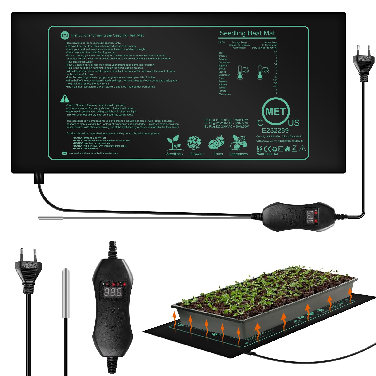 BORDEAG - Alfombra calefactora para siembra, alfombra calefactora para plantas, cojín calefactor para invernadero, alfombra de calentamiento reptil con controlador de termostato 20-45°C para siembra,