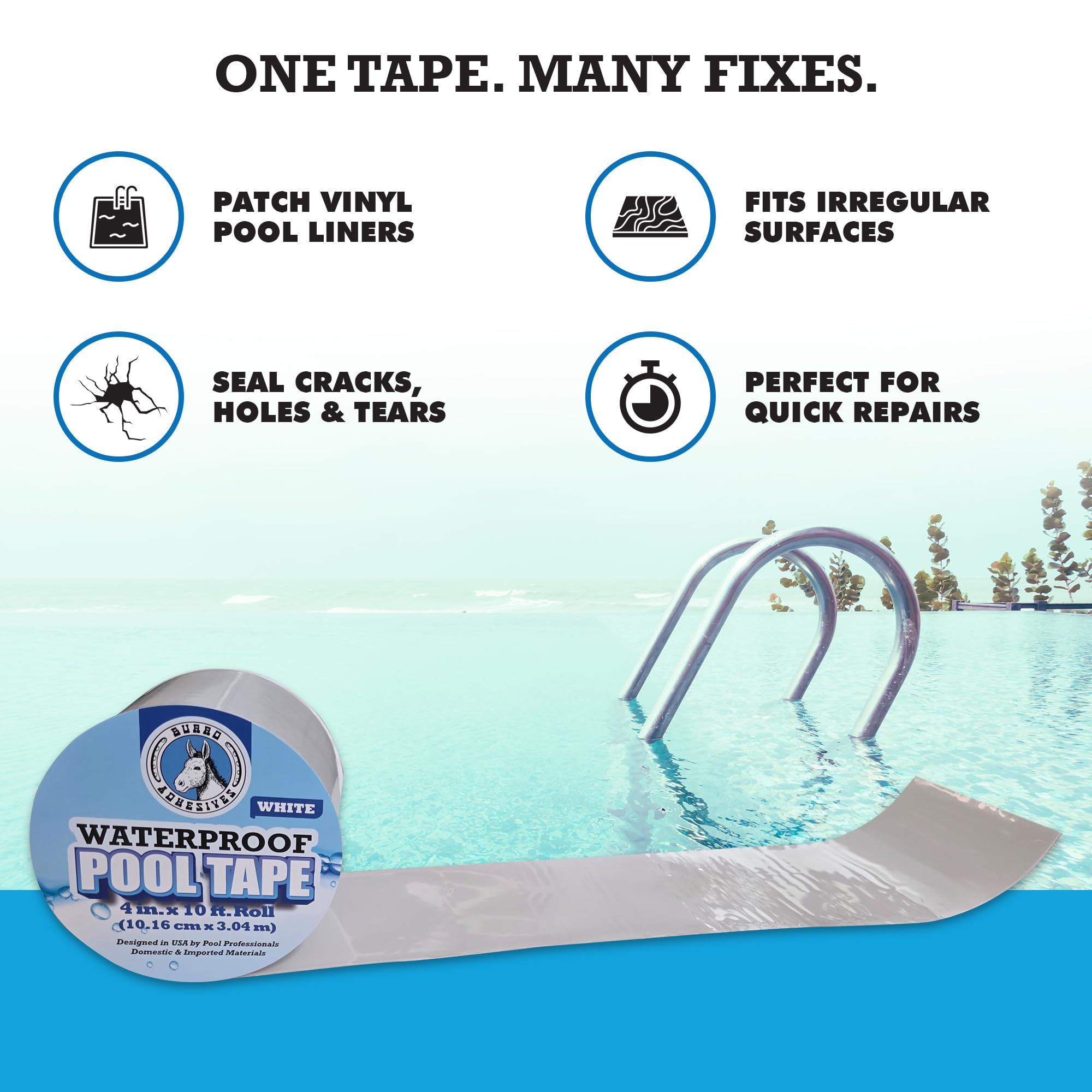 Burro Adhesives - Nastro adesivo impermeabile per piscina, 10,2 cm x 3,5 m, resistente, in vinile PVC, per riparazioni di piscine subacquee e asciutte, piscine commerciali e residenziali, sigilla