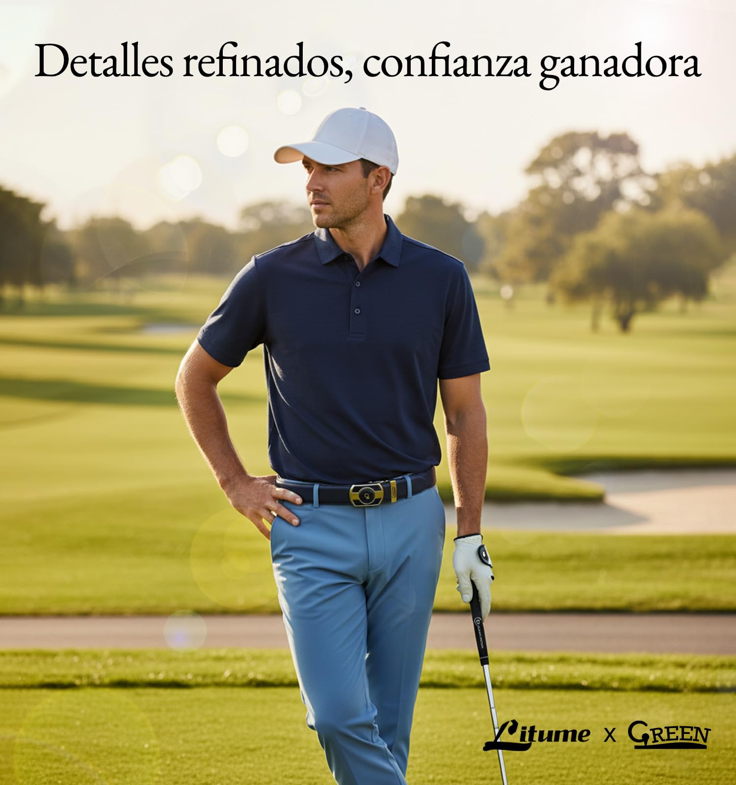 Litume Cinturón de Golf con Trinquete Green Golf, Diseño sin Agujeros con Marcador de Bola Magnético de Esmalte y Hebilla de Trinquete de Microajuste