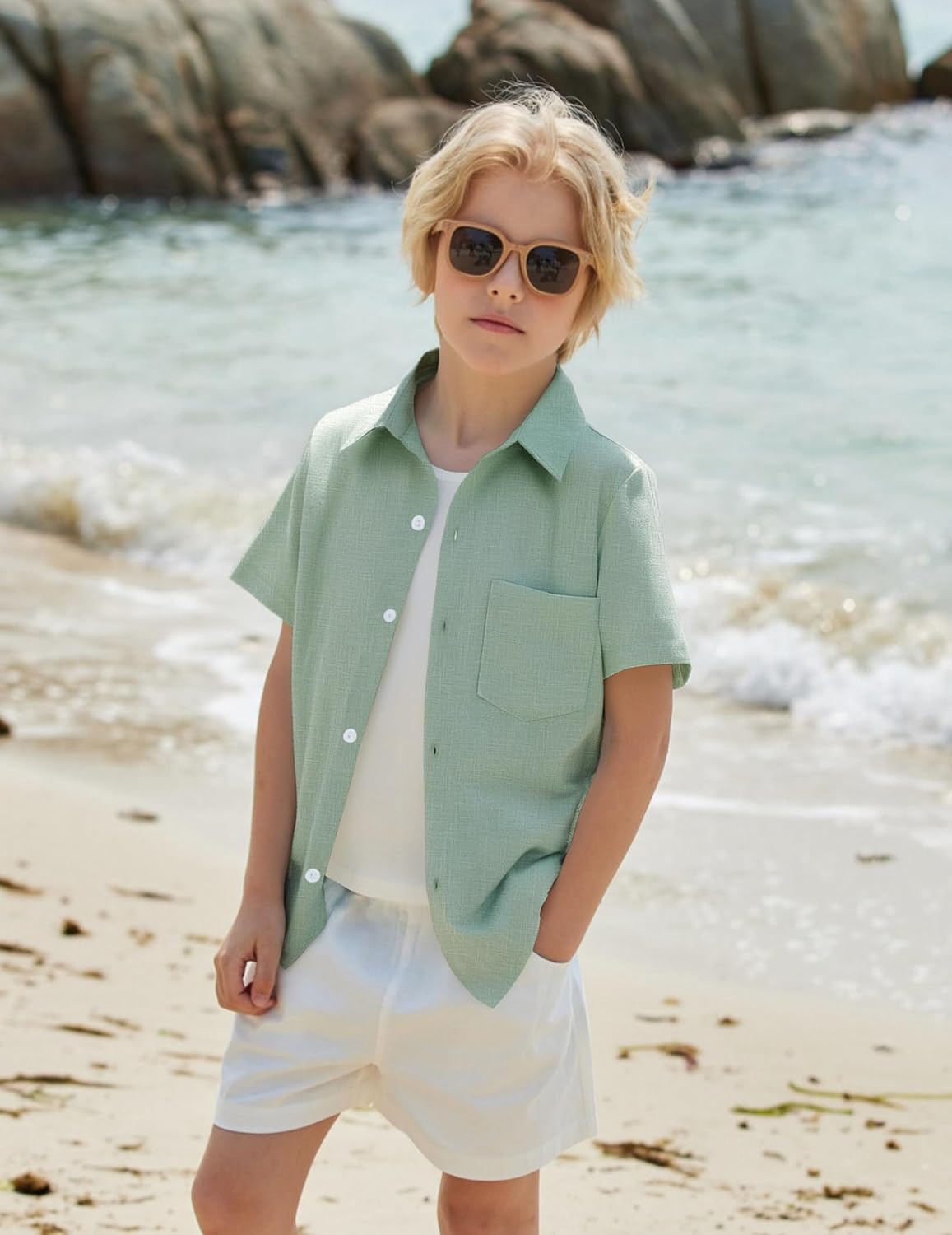 Arshiner Boys Button Down Shirt 100% Cotton Short Sleeve Shirt Solid Summer Beach Shirts with Pocket Size 4-14 Years - Image 3