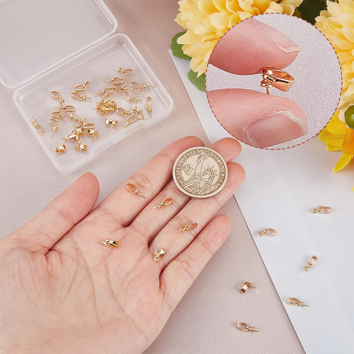 Beebeecraft 1 Box 40Pcs Eye Pin Bail Peg Pendants 18K Gold Plated Brass Pearl Cup Eye Pins with Small Pearl Cup 11.5mm Long for Half Drilled Beads Jewelry Making Findings
