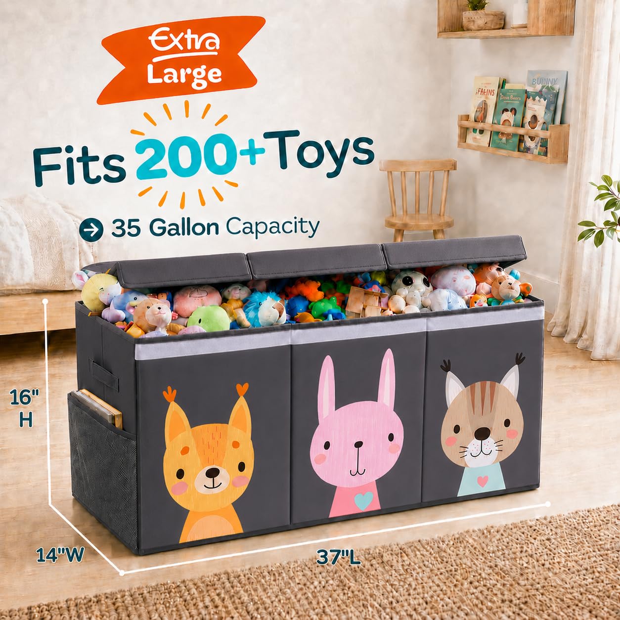 SoftOwl Caja de juguetes extra grande, con tapa, plegable, resistente, organizador de almacenamiento de juguetes, cestas para niños, niñas, guardería, sala de juegos, animales, gris
