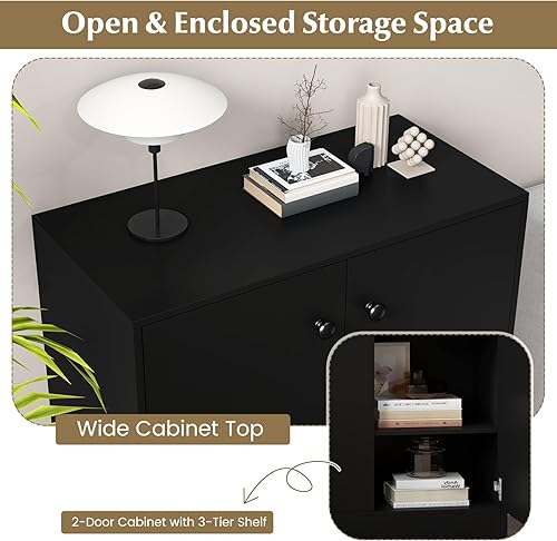 Miniatura 7 de LOKO Armario de almacenamiento de 2 puertas, armario de piso moderno con estante de 3 niveles, gabinete lateral independiente con dispositivo