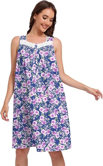Cotton Nightgowns for Women Short Night Gown with Pockets Sleepwear Soft Sleeveless House Dress Victorian Nightdress Blue Purple Flower 2XL