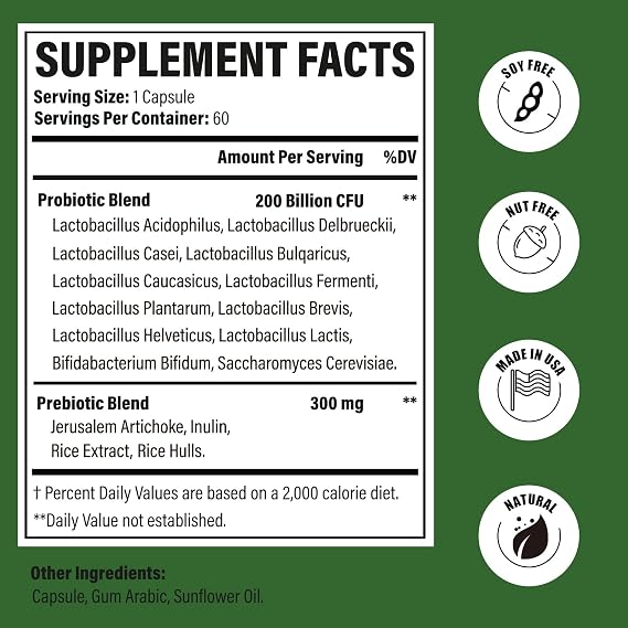 15-in-1 Prebiotics and Probiotics for Women Men, 200 Billion CFU, 120 Caps