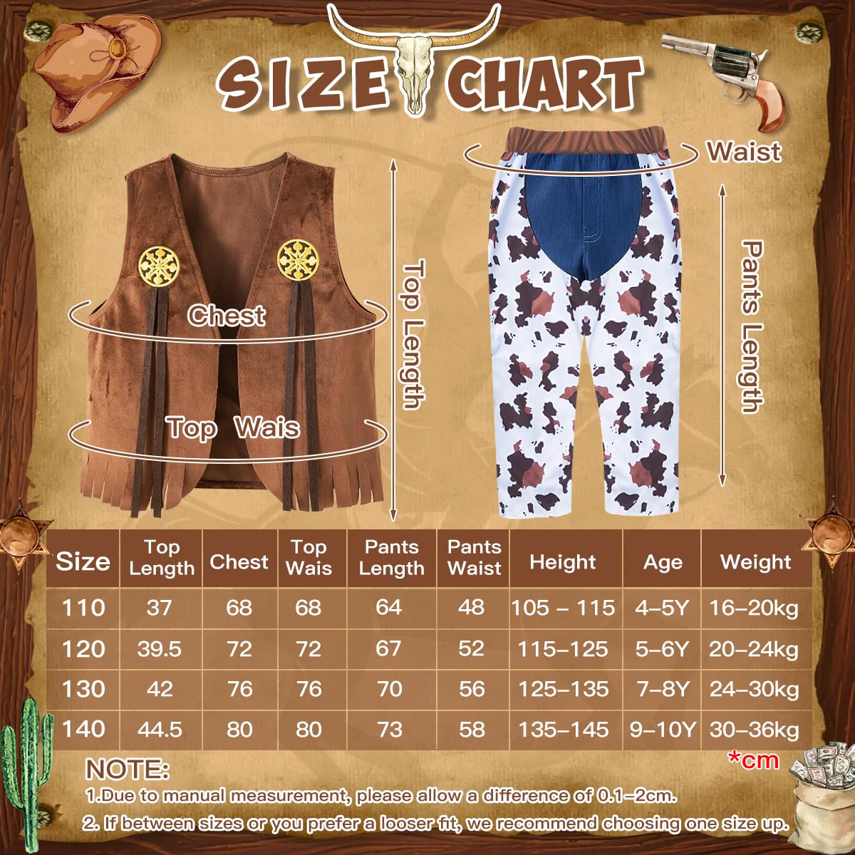 Costume Cowboy Bambino, Western Vestito da Cowboy Bambini con Gilet, Pantaloni, Cappello, Bandana Accessori, Costume da Cowboy Bambino per Halloween Carnevale Dress Up Festa Cosplay, 3-10 Anni