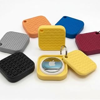 Textured Square Keychain Case for AirTag | Unique Protective Cover & Holder with Key Ring | Tracker Mount for Keys, Luggage, Backpacks and Pets | Random Pattern Design | 7 Colors (2, Yellow)