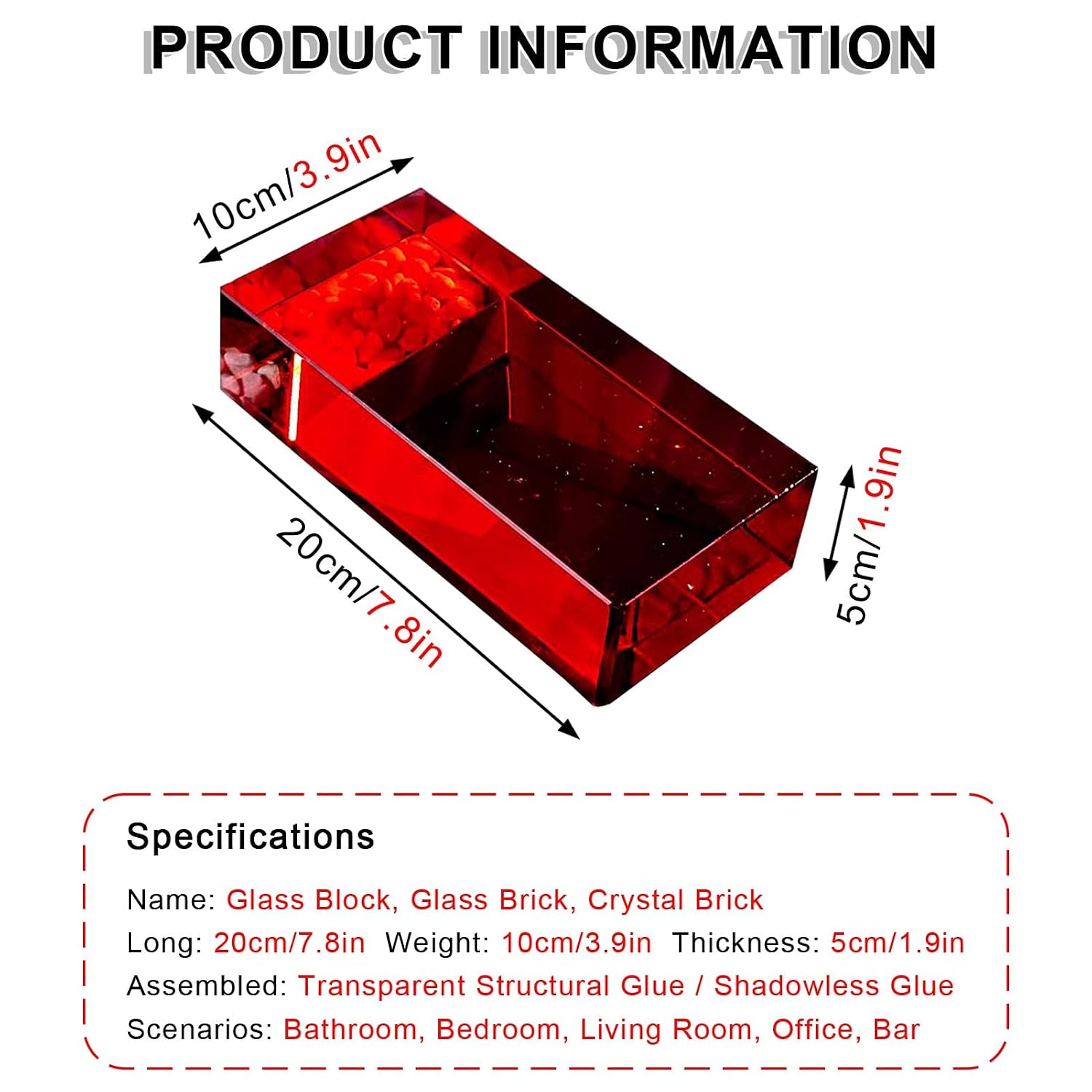 Clear Colored Glass Blocks Rectangular Sided Crystal Bricks for Bar Hotels Bathroom Living Room Office Decorative(Red)