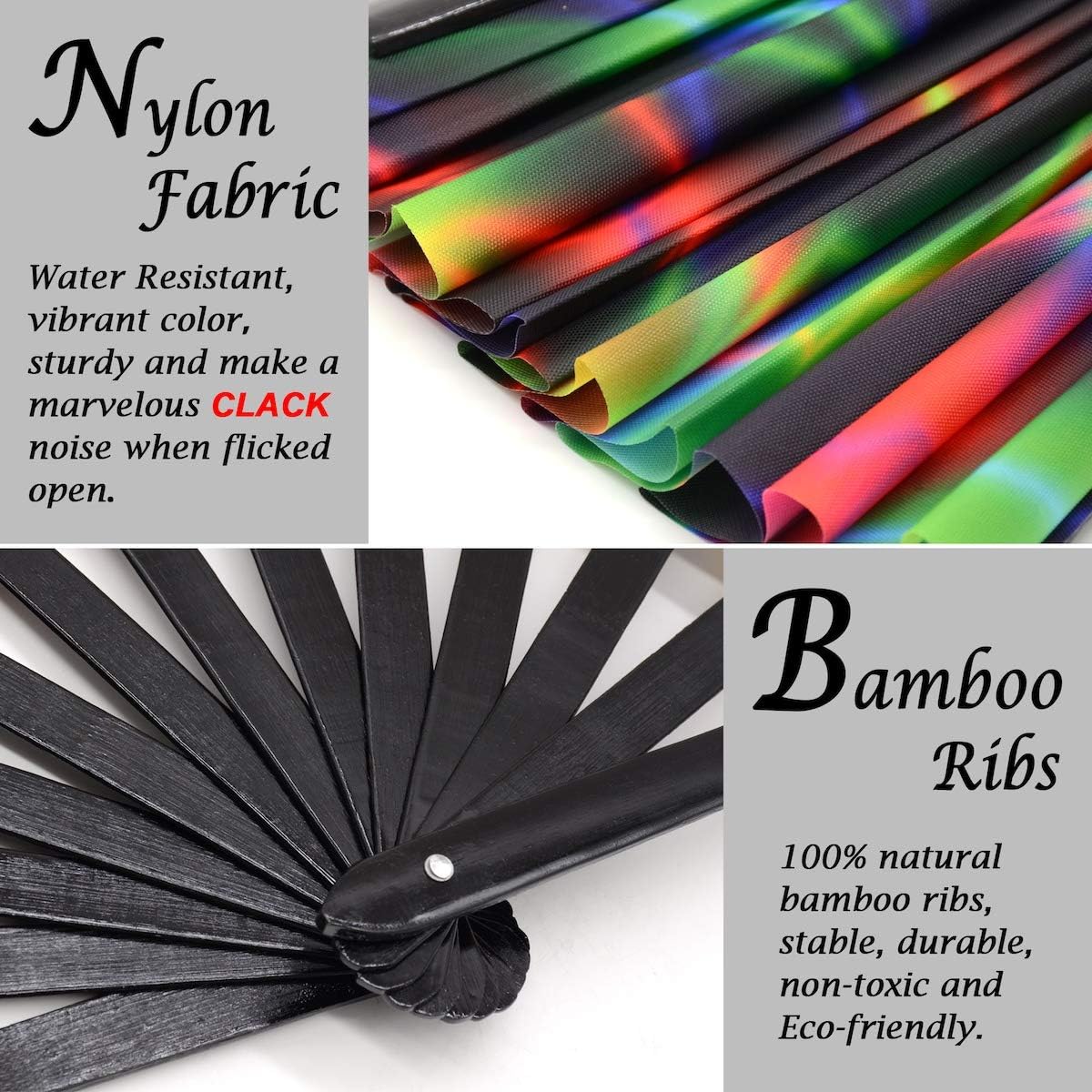 OMyTea Large Rave Clack Folding Hand Fan for Men/Women - Chinese Japanese Bamboo Handheld Fan - for EDM, Music Festival, Club, Event, Party, Dance, Performance, Decoration, Gift (Neon Lights)