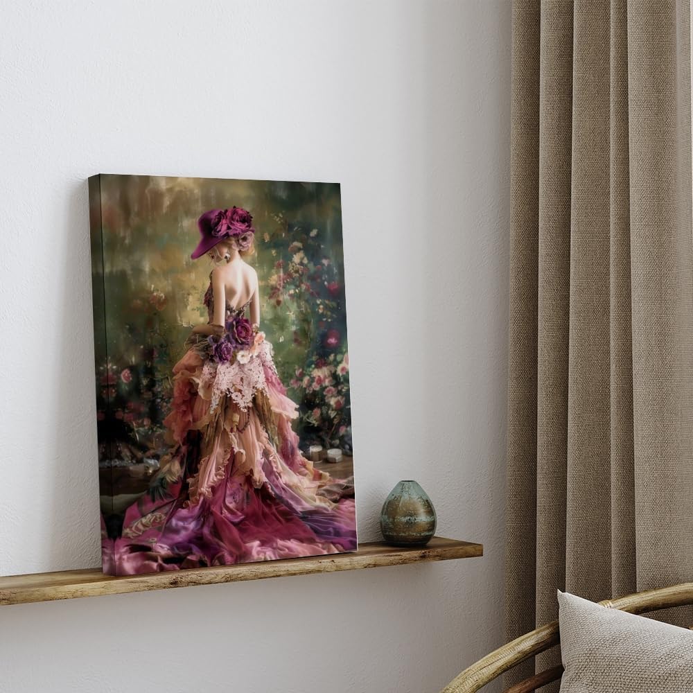 Canvas Print Wall Art Boho Romantic Garden Elegance Lady Portrait Print Poster Vintage Abstract Artwork Aesthetic Home Decor for Living Room Bathroom Bedroom Wall Art Framed12x18inch