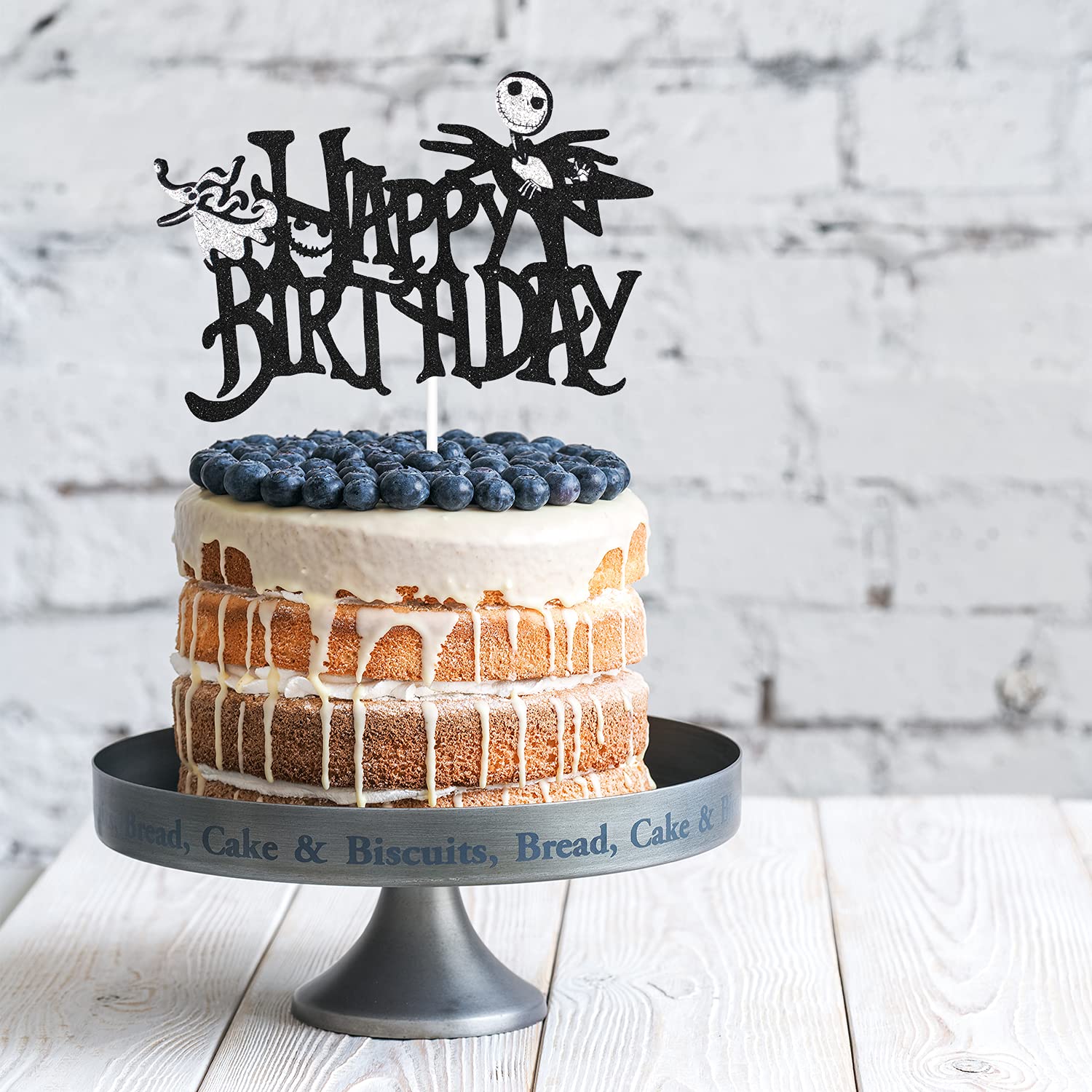 Condition photo showing New/Like New for Halloween Nightmare Happy Birthday Cake Topper - Spookey Kids Cake Decorations with Black Glitter Jack Skeleton