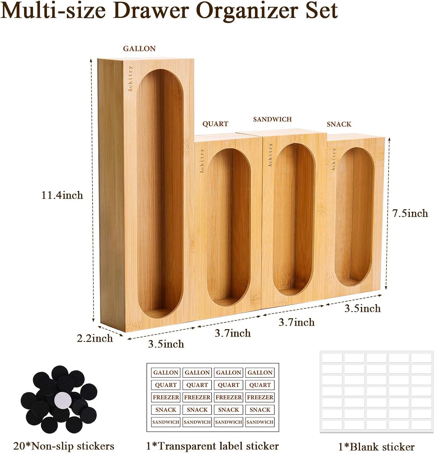 Ackitry Bamboo Ziplock Bag Storage Organizer for Kitchen Drawer, 4Pcs Food Storage Bag Holders with Label Sticker And Non-slip Stickers, Compatible with Gallon, Quart, Sandwich, Snack Variety Size Bag