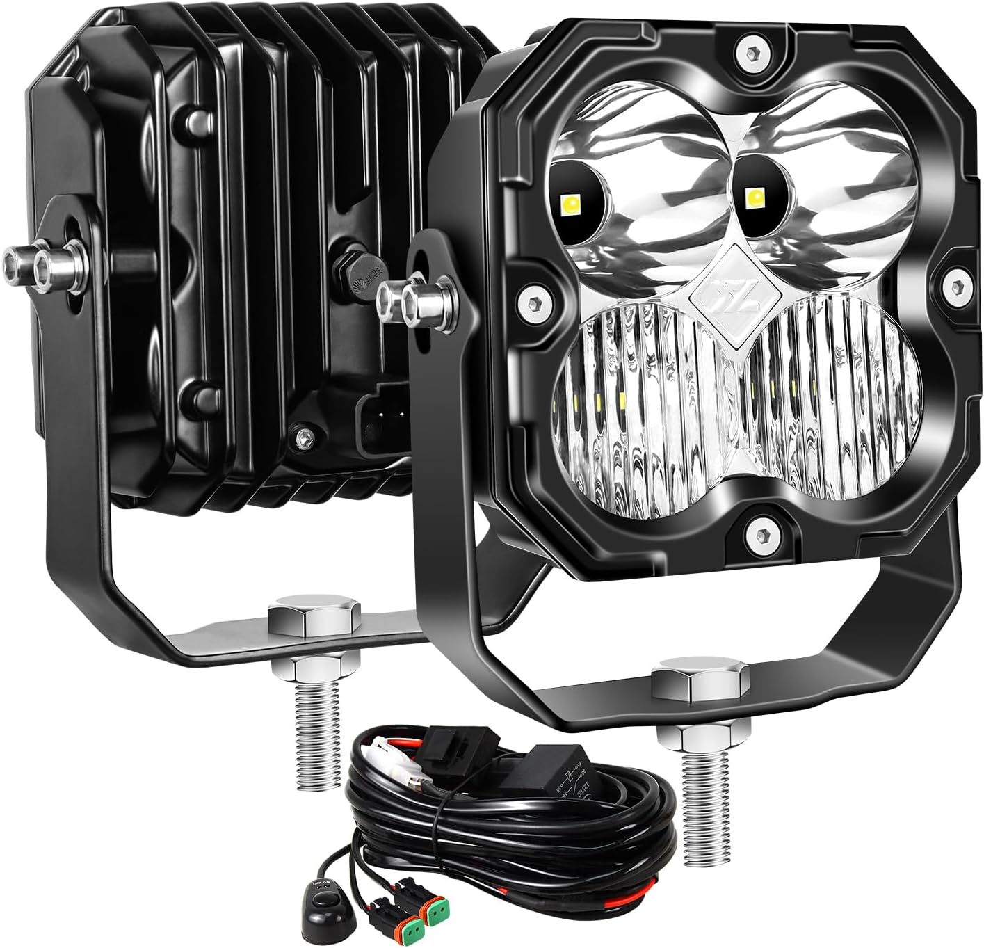 Willpower 2X 4.3 30W 3000LM LED Work Light with 12V DT Wire Harness, Square Off Road Driving Lights Fog Lamps for Car Truck 4x4 Boat Tractor, 6000K White, Waterproof Headlight, Flood Spot Combo