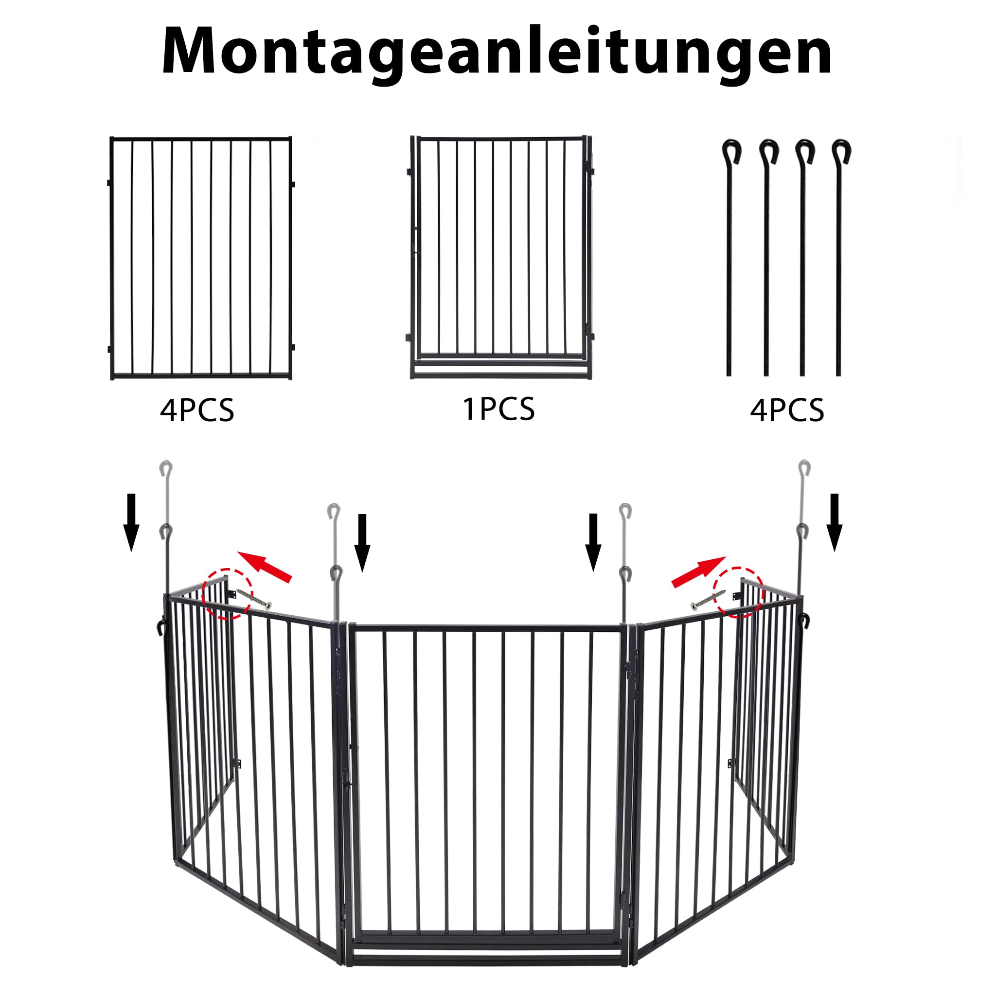 LILIIN 5-TLG Kaminschutzgitter mit Tür Kinderschutzgitter 305cm Gesamtlänge, Metall Türschutzgitter Absperrgitter Kindergitter, für Hunde, Kinder Sicherung, Schwarz, 60 x76 cm