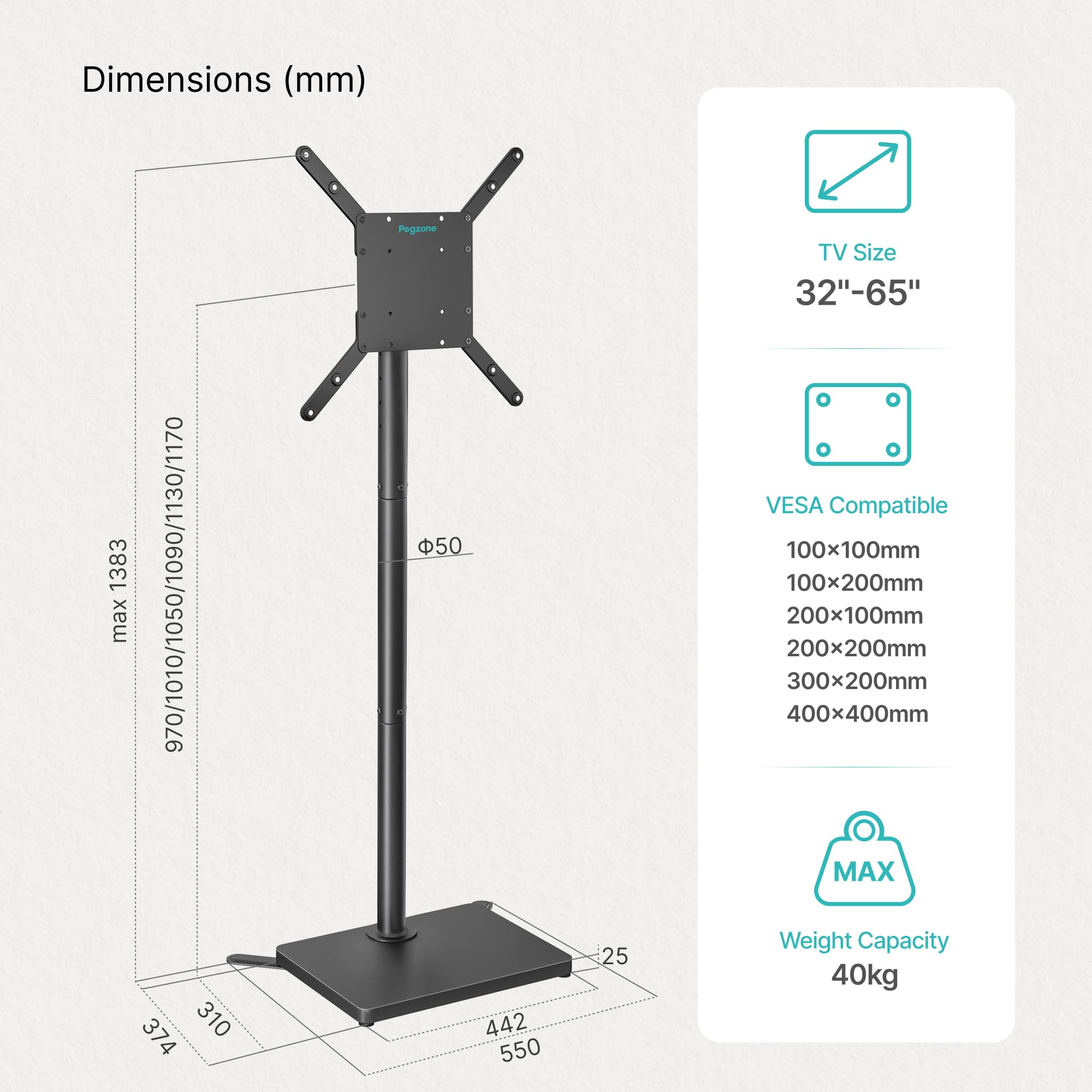 PEGZONE Soporte universal para TV de 24 a 65 pulgadas, giratorio 90 ° y altura ajustable, máx. VESA 400 x 400 mm, soporta 40 kg, ahorra espacio (negro)