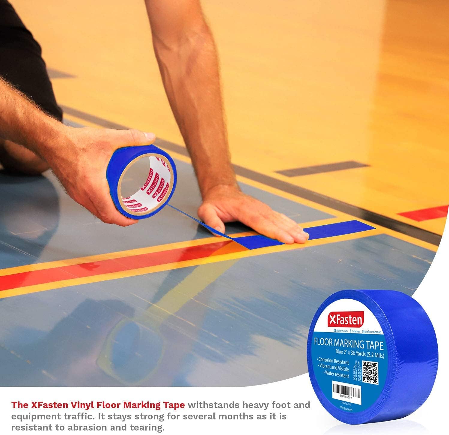 XFasten Professional Grade Gaffer Tape, 2 Inch x 30 Yards, Blue Bundle with Floor Marking Vinyl Tape, 2 Inches x 36 Yards, 5.2 Mils Thick, Blue