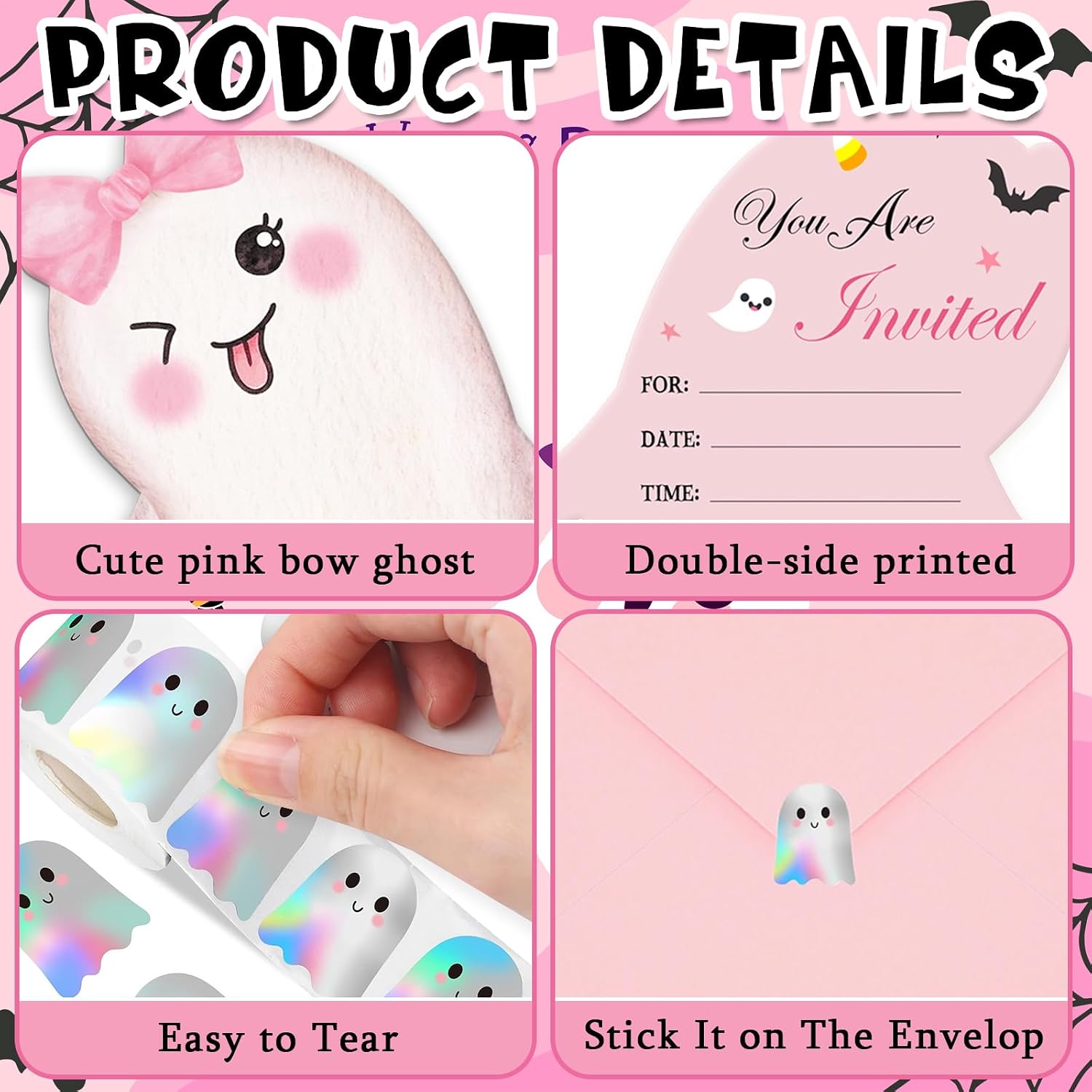 25 Pack Pink Halloween Invitations Card with Envelopes and Sticker