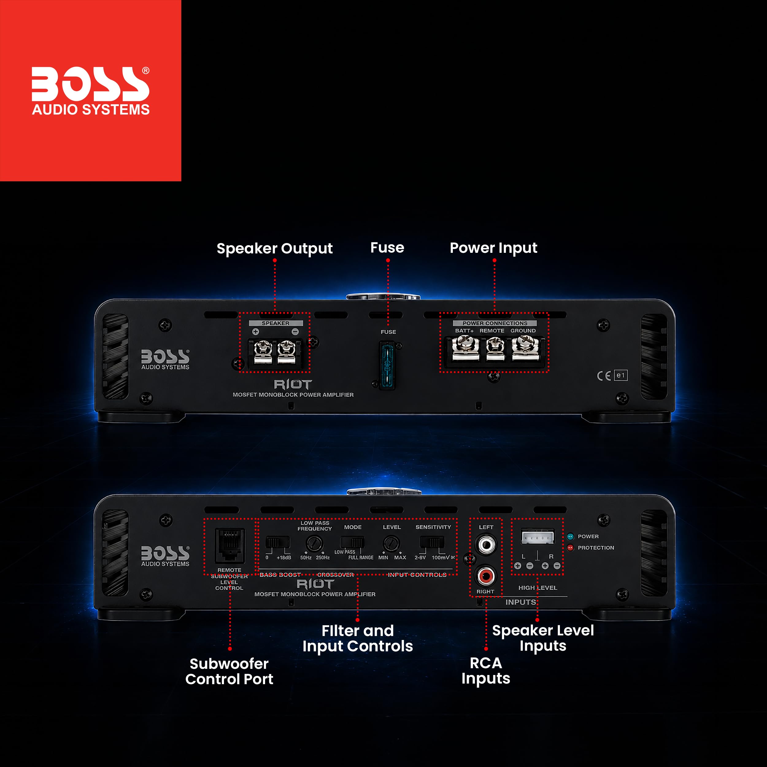 BOSS Audio Systems R1100MK - Amplificatore per auto e kit di cablaggio da 8 gauge, potenza massima 1100 Watt, stabile 2-4 Ohm, classe A/B, monoblocco, alimentatore Mosfet, controllo remoto del