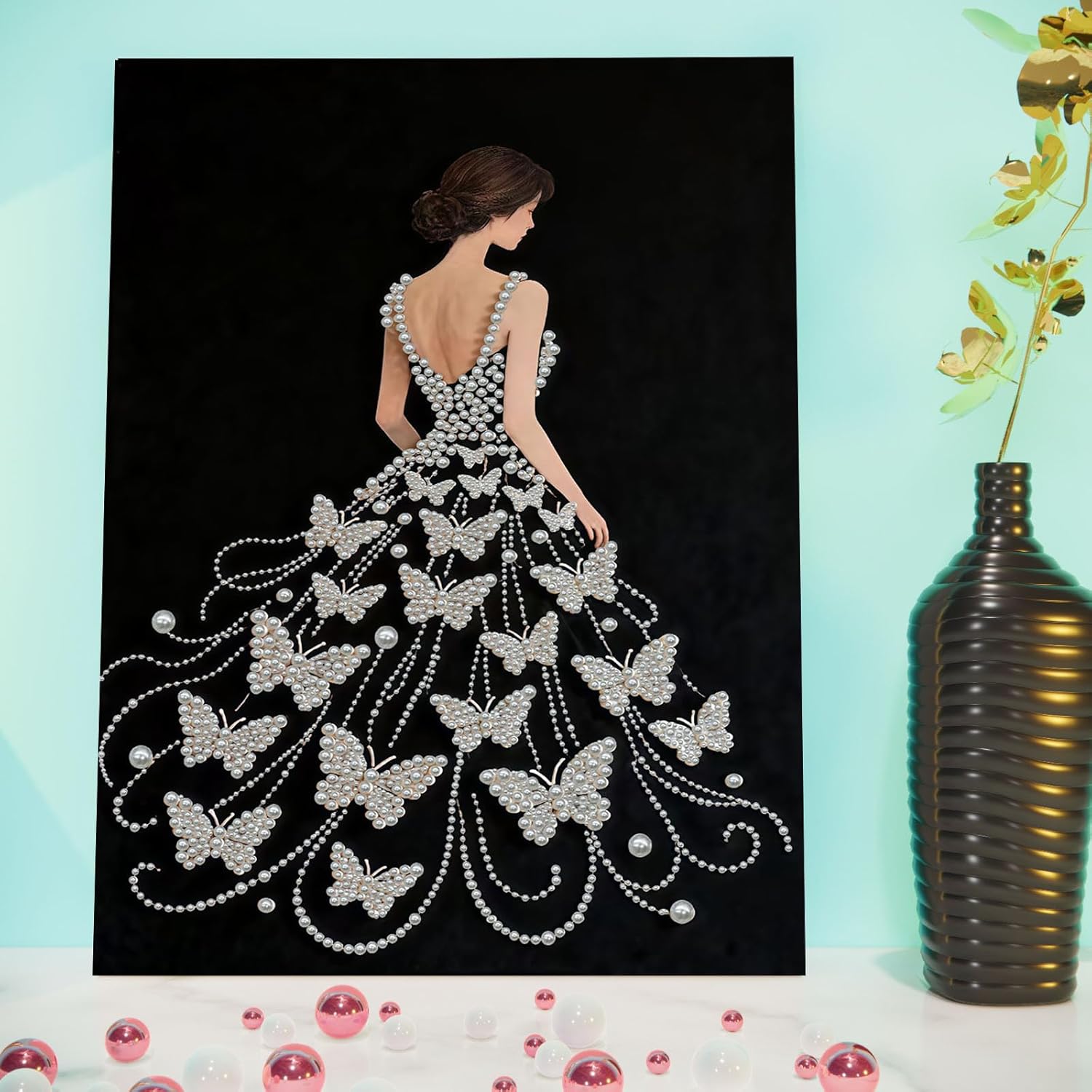 C'eitura Elegant Girl Pearl Diamond Art Painting Kit for Adults, DIY Full Drill Sparkling Portrait Gem Art with Frame 11.8x15.75 Inch, Feminine Home Wall Decor, Beautiful Craft Gift