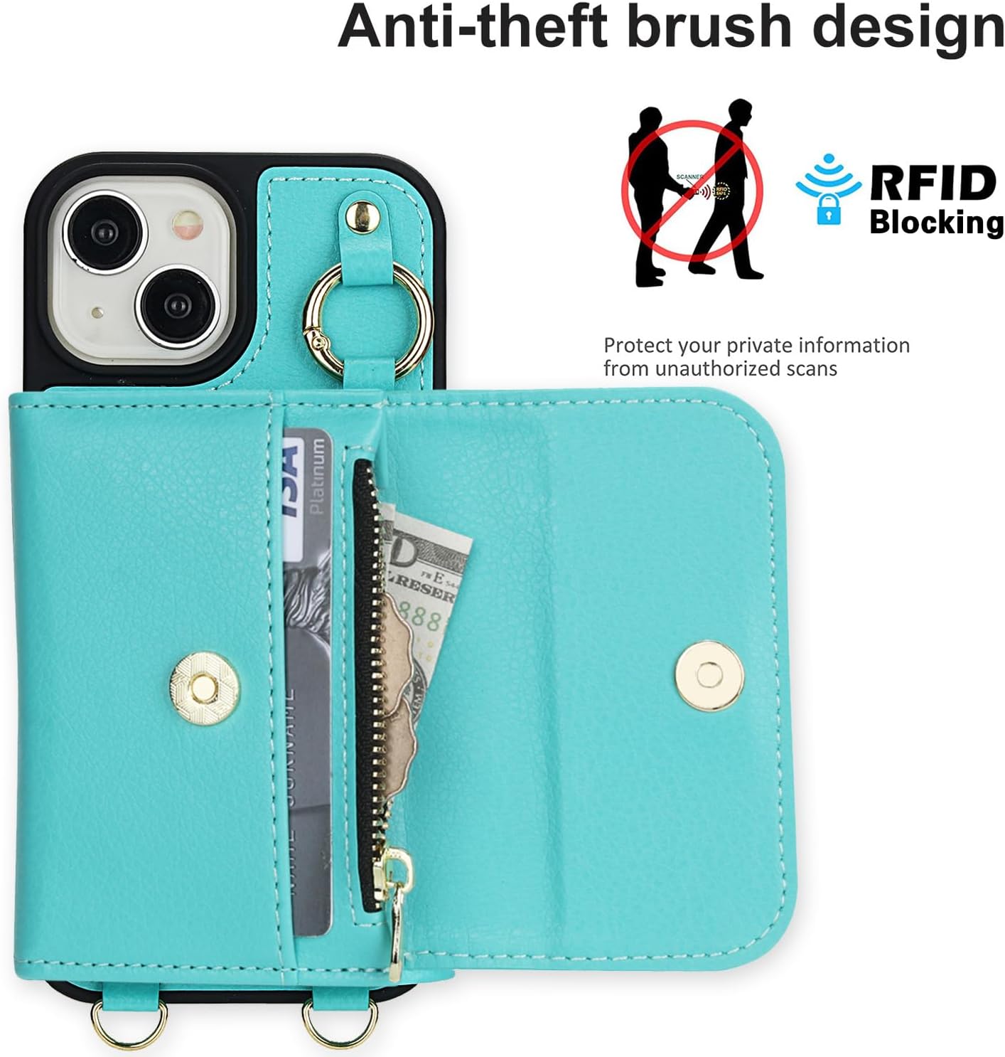 Phone Case for iPhone 15 Plus 6.7 inch Wallet Detachable Cover and Screen Protector Compatible with MagSafe Crossbody Lanyard Strap RFID Blocking Flip i Phone15 15+ i15 + 15Plus Women Men Green