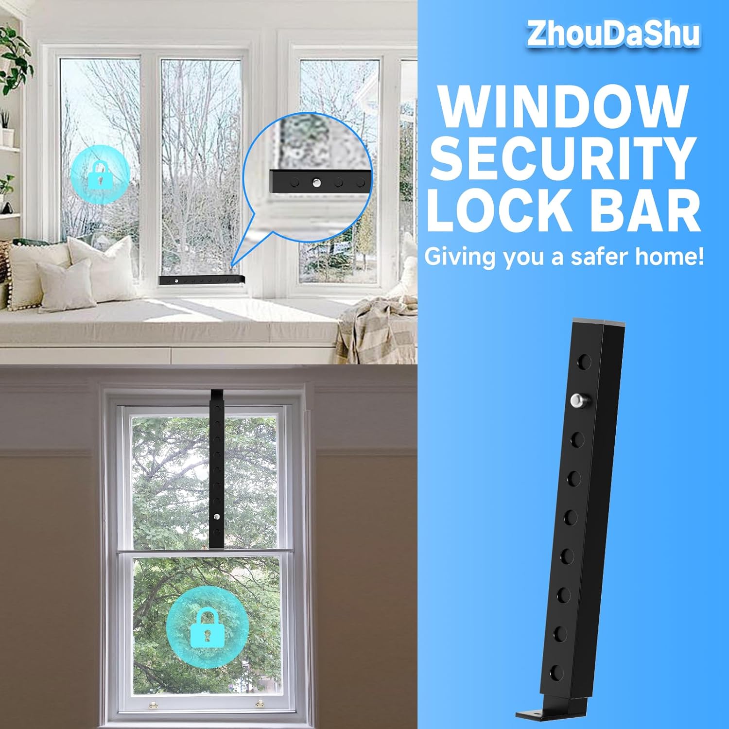 ZhouDaShu Adjustable Window Lock Bars Vertical, Small Window Bars Security Inside, Window Locks for Up and Down Windows, Window Ac Unit Ssecurity Bars Extends from 9.8-16.7 in -Black (Steel 4 Pcs)