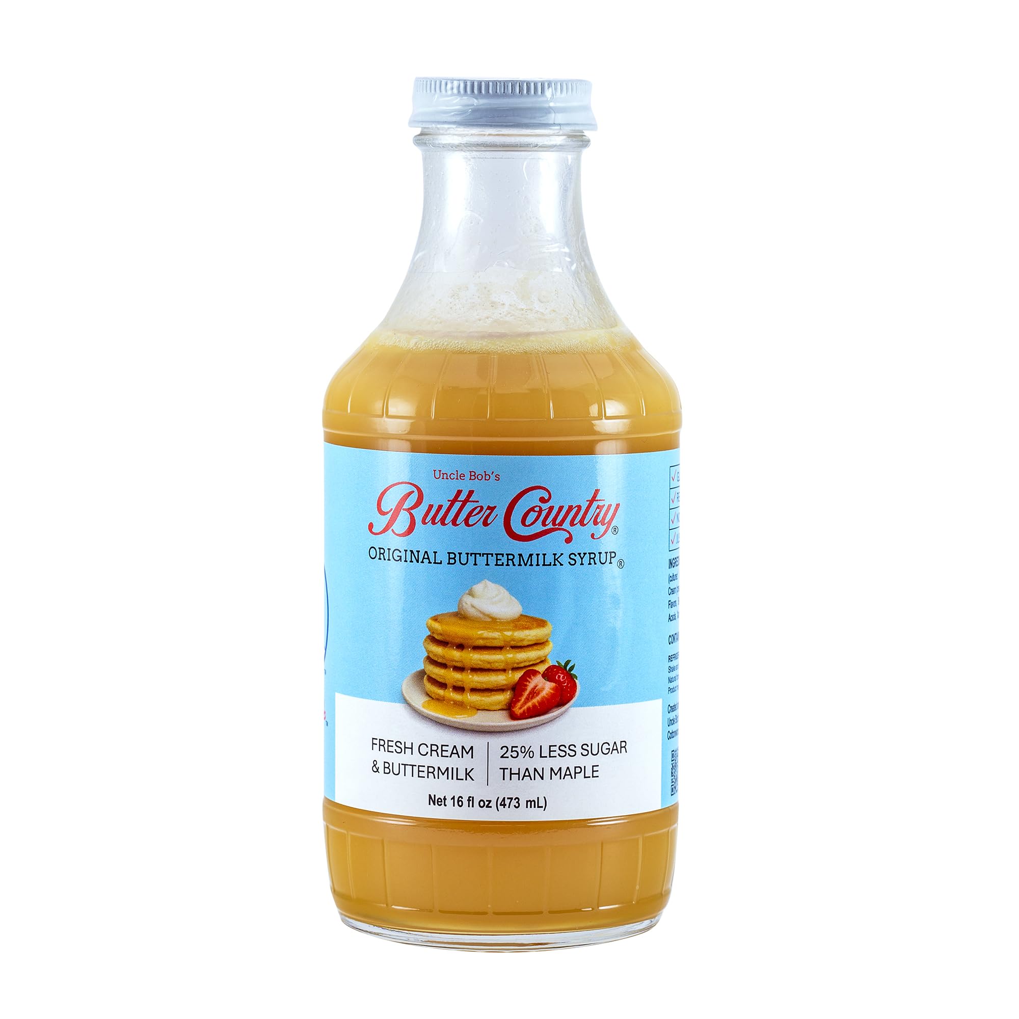 Uncle Bob's Butter Country Original Buttermilk Syrup for Pancakes and Waffles, Less Sugar, No Corn Syrup, Gluten Free, Made without Artificial Flavors, 16 fl oz Bottle