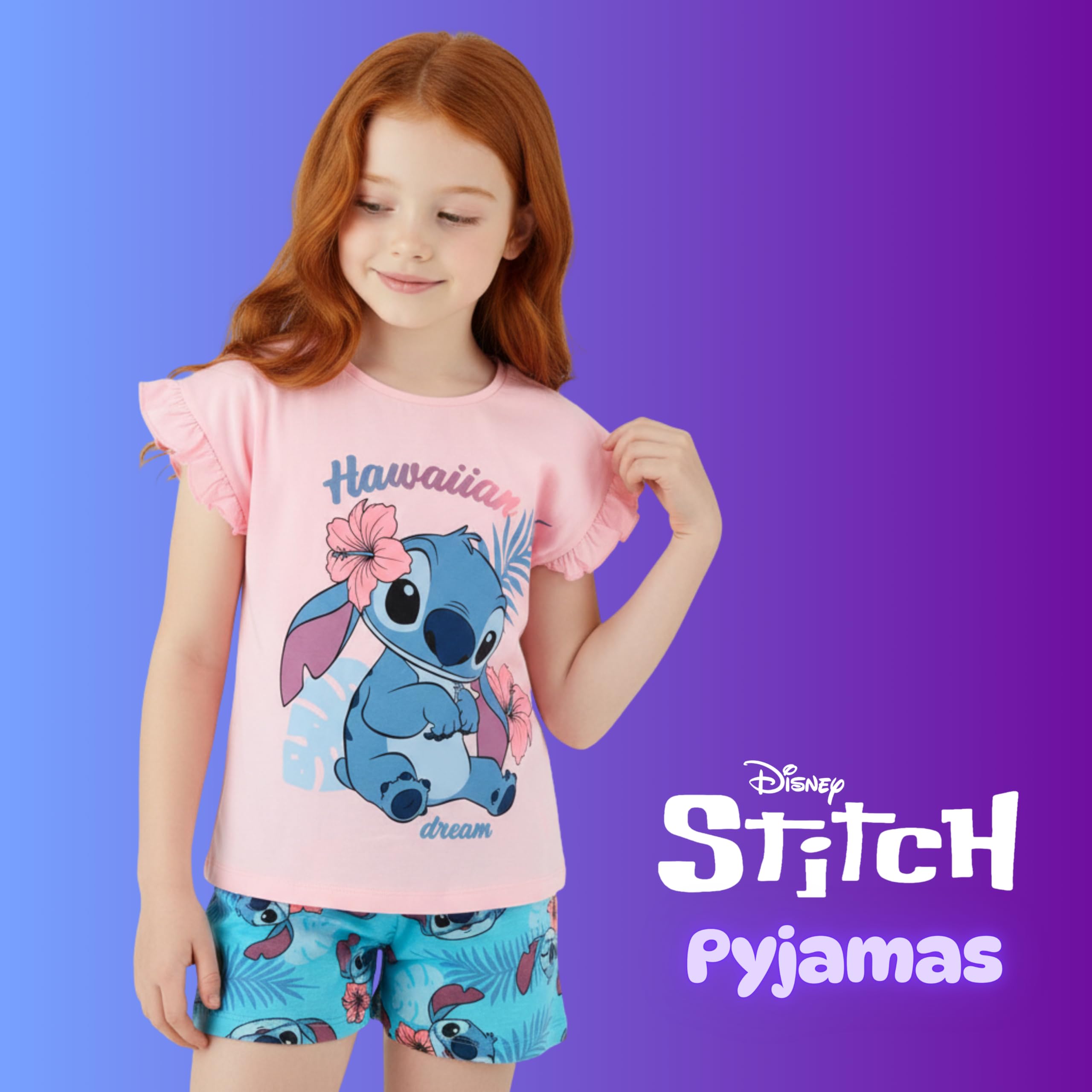 Disney Stitch Pyjama pour Fille, 'Hawaiian Dream' T-Shirt à Manches Courtes et Short en Coton, Tailles 3 à 8 Ans