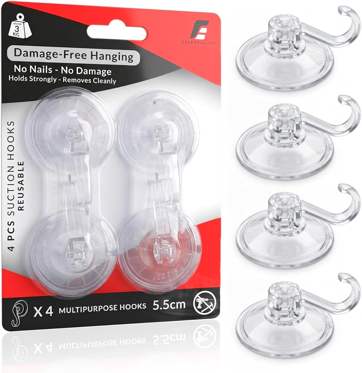 4-Pack 5.5cm Heavy Duty Suction Cup Hooks | Multipurpose Plastic Suction Hooks for Bathroom & Kitchen Hanging Utensil Hook - Holds Up to 6.6lb, 3kg - Use on Glass, Metal Steel & Tiles