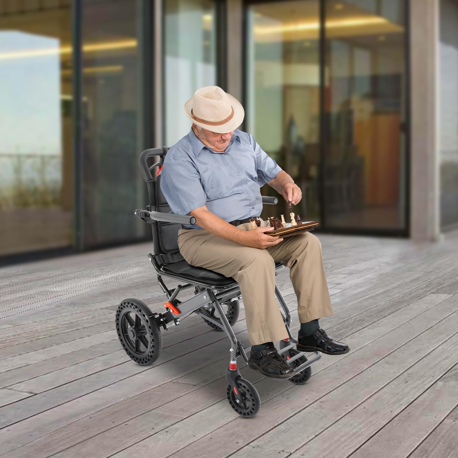 Silla de ruedas plegable de transporte, silla de ruedas, plegable, ligera, para viajes y hogar, con ruedas universales y freno de seguridad, adecuada para usuarios de 1,35-1,85 m