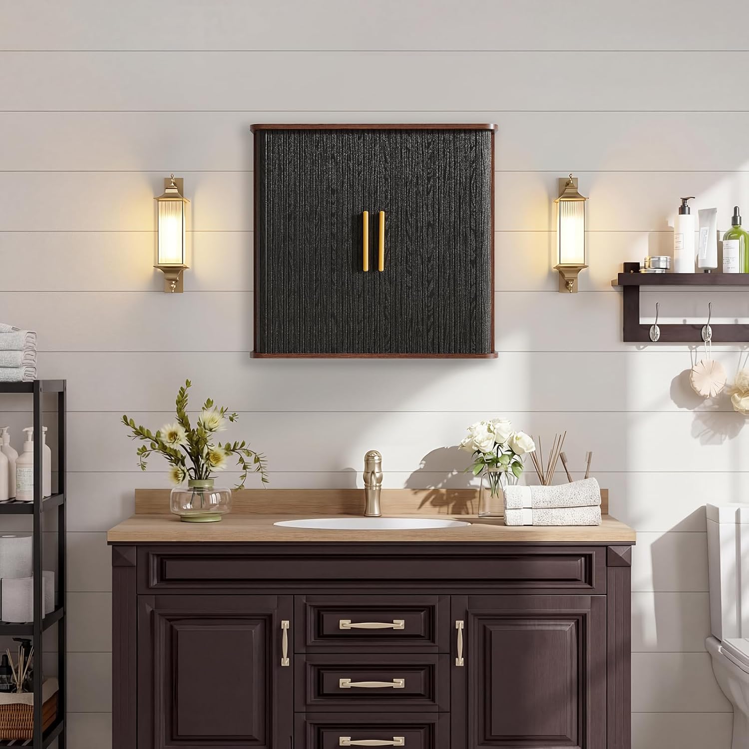 Laundry Room Wall Cabinet with Fluted Sliding Door, 29.5" W Bathroom Medicine Cabinet with Adjustable Shelf, Wall Mounted Storage Cabinet for Living Room Kitchen, 11.7" D x 29.5" W x 27.68" H