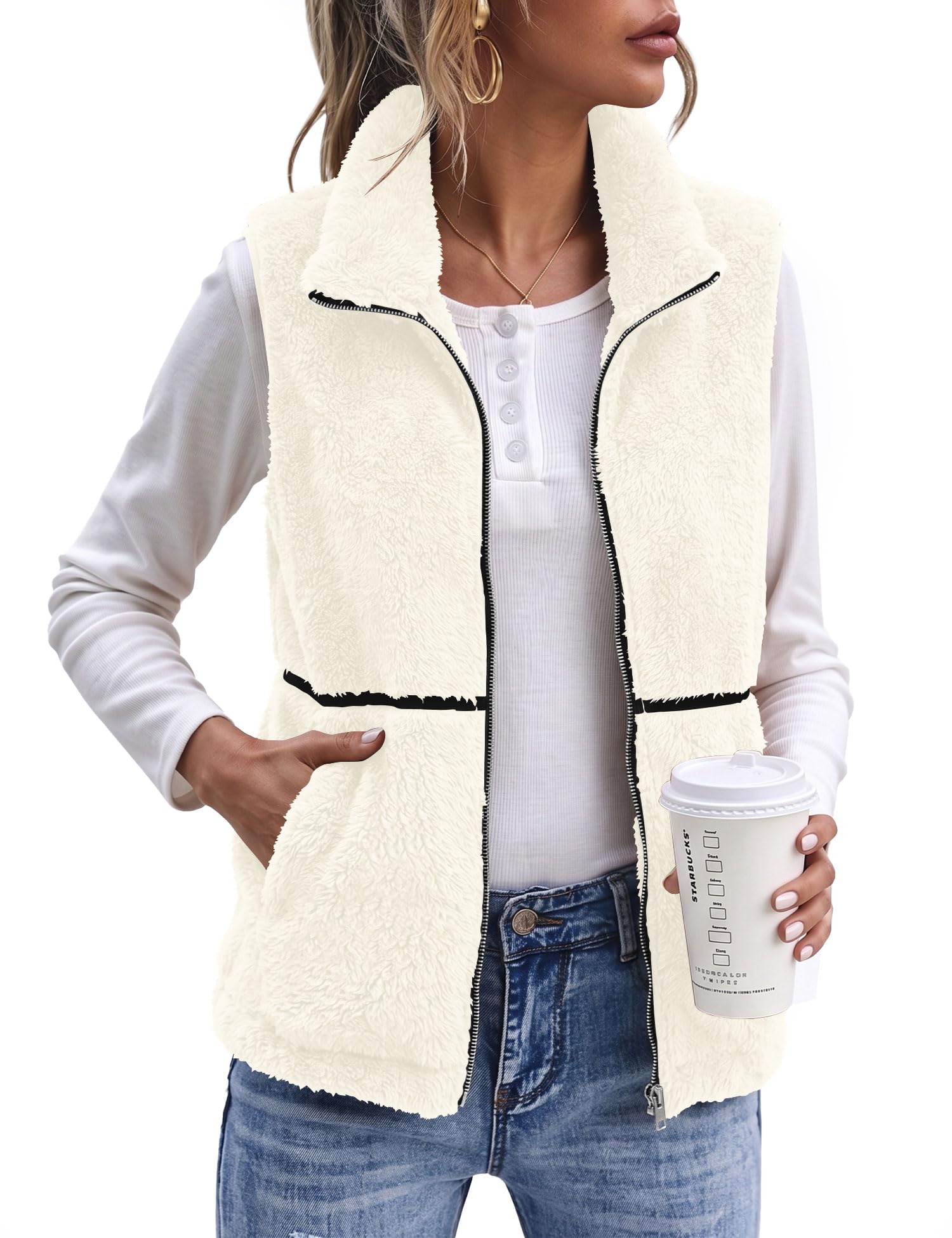 Rapbin Teddy Fleece Weste Damen Ärmellos Stehkragen Reißverschluss Taschen | Leicht Fleecejacke Damen Lässige Elegant Herbst Winter Warm Mantel