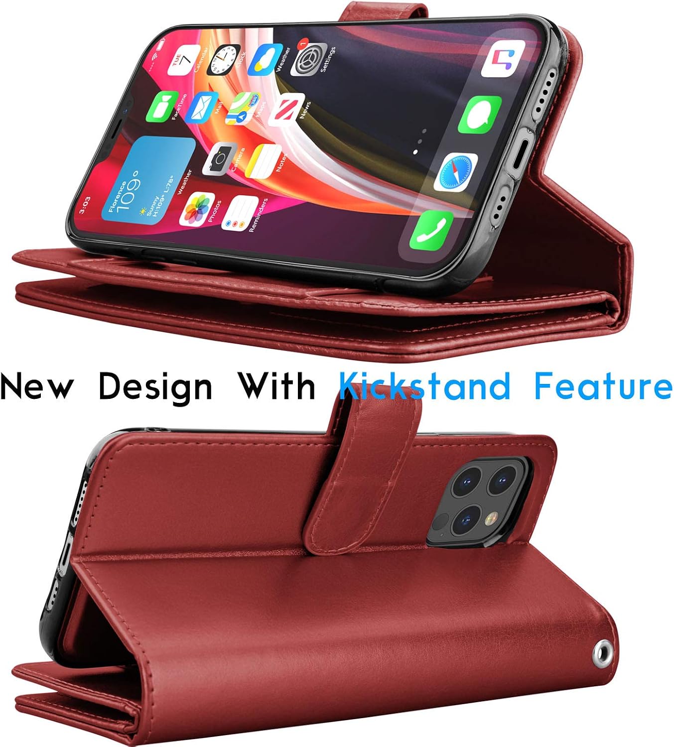 Tekcoo Wallet Case Compatible with iPhone 12 / iPhone 12 Pro (6.1 inch) 2020 Luxury ID Cash Credit Card Slots Holder Carrying Pouch Folio Flip PU Leather Cover [Detachable Magnetic Case] - Wine Red