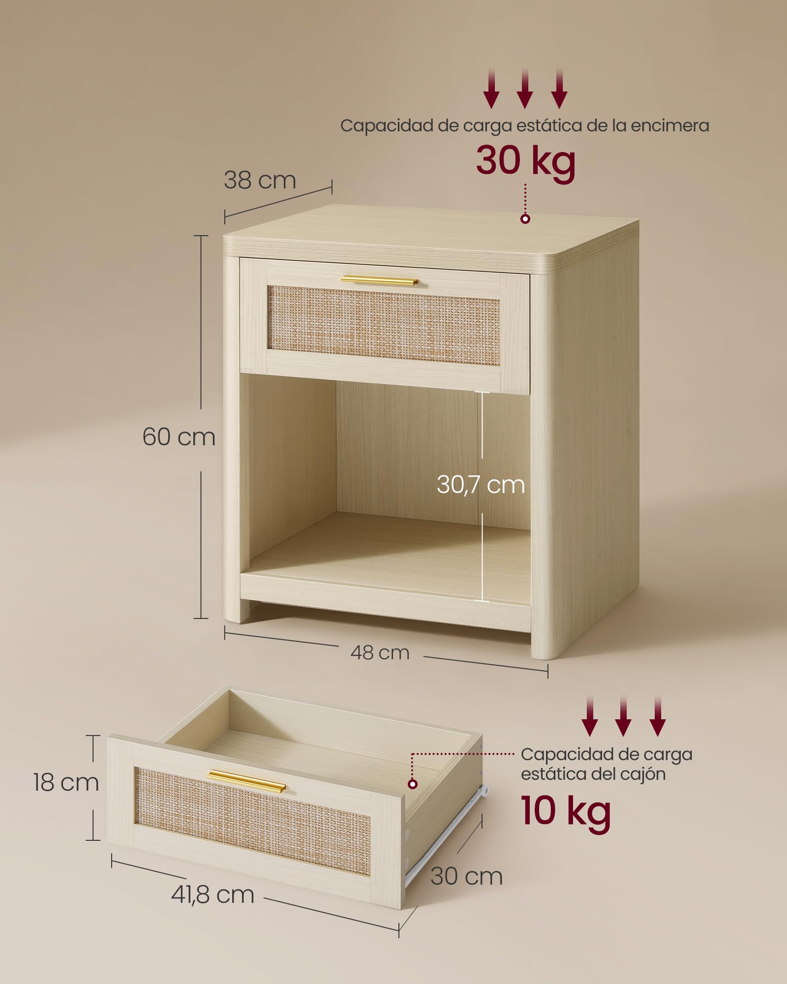VASAGLE ELLAN Colección - Mesitas Boho con Cajón Efecto Ratán, Juego de 2, Mesas Auxiliares con Compartimento Abierto, Esquinas Redondeadas, Dormitorio, Beige Natural LET818LC01