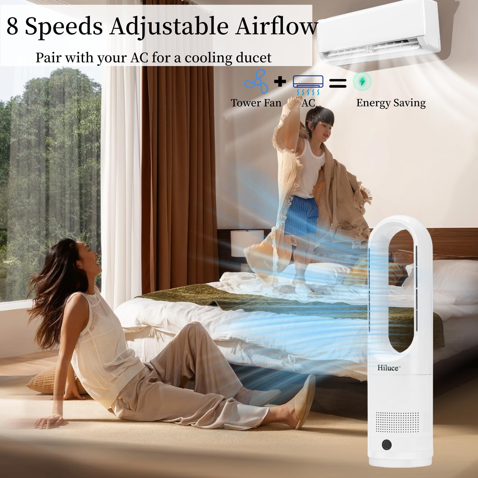 Hiluce Turmventilator ohne Flügel für Schlafzimmer, Oszillierender Ventilator 20 dB, leiser Standventilator mit Fernbedienung, Touch, LED-Display mit 8 Geschwindigkeiten, Timer
