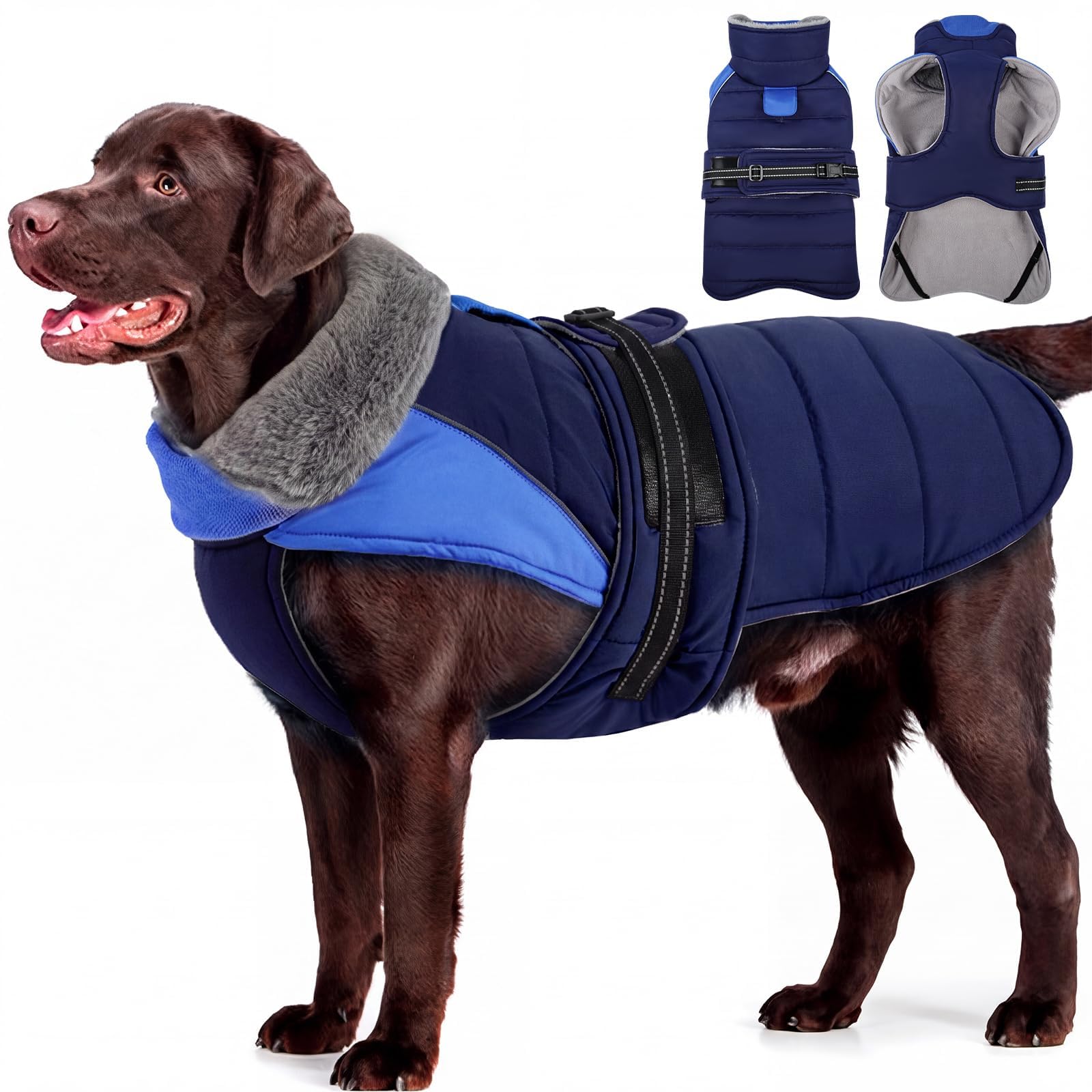 MIGOHI Warm Large Dog Coat, Waterproof Dog Winter Jacket, DarkBlue, XXL