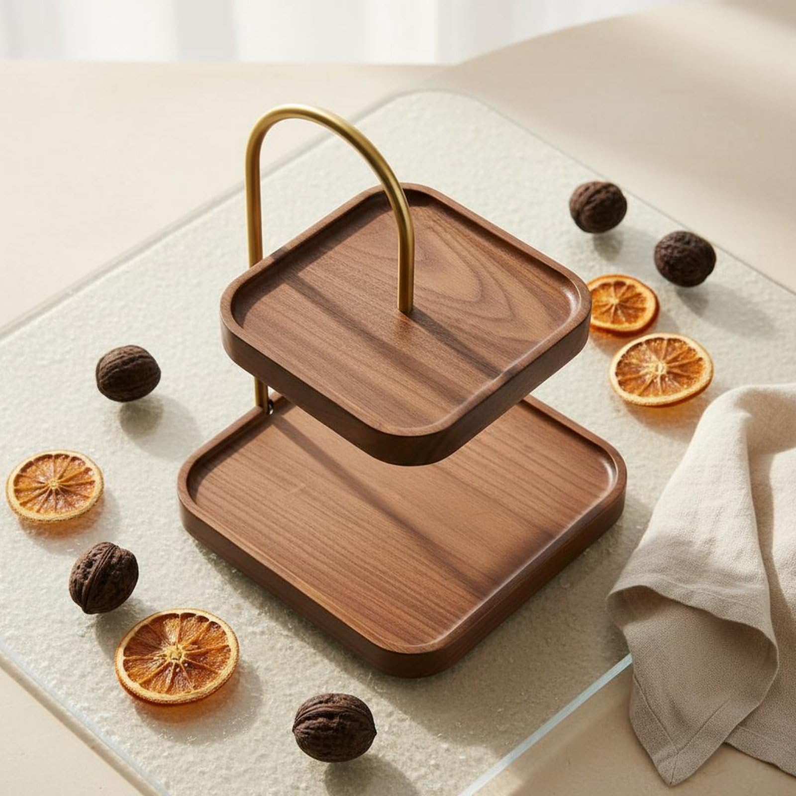 Bandeja para Servir Bandeja Soporte Organizador Centro de Mesa Madera de con Detalles de Latón y Diseño de Dos Niveles Adecuada para Té Cenas Oficina, Color to 1