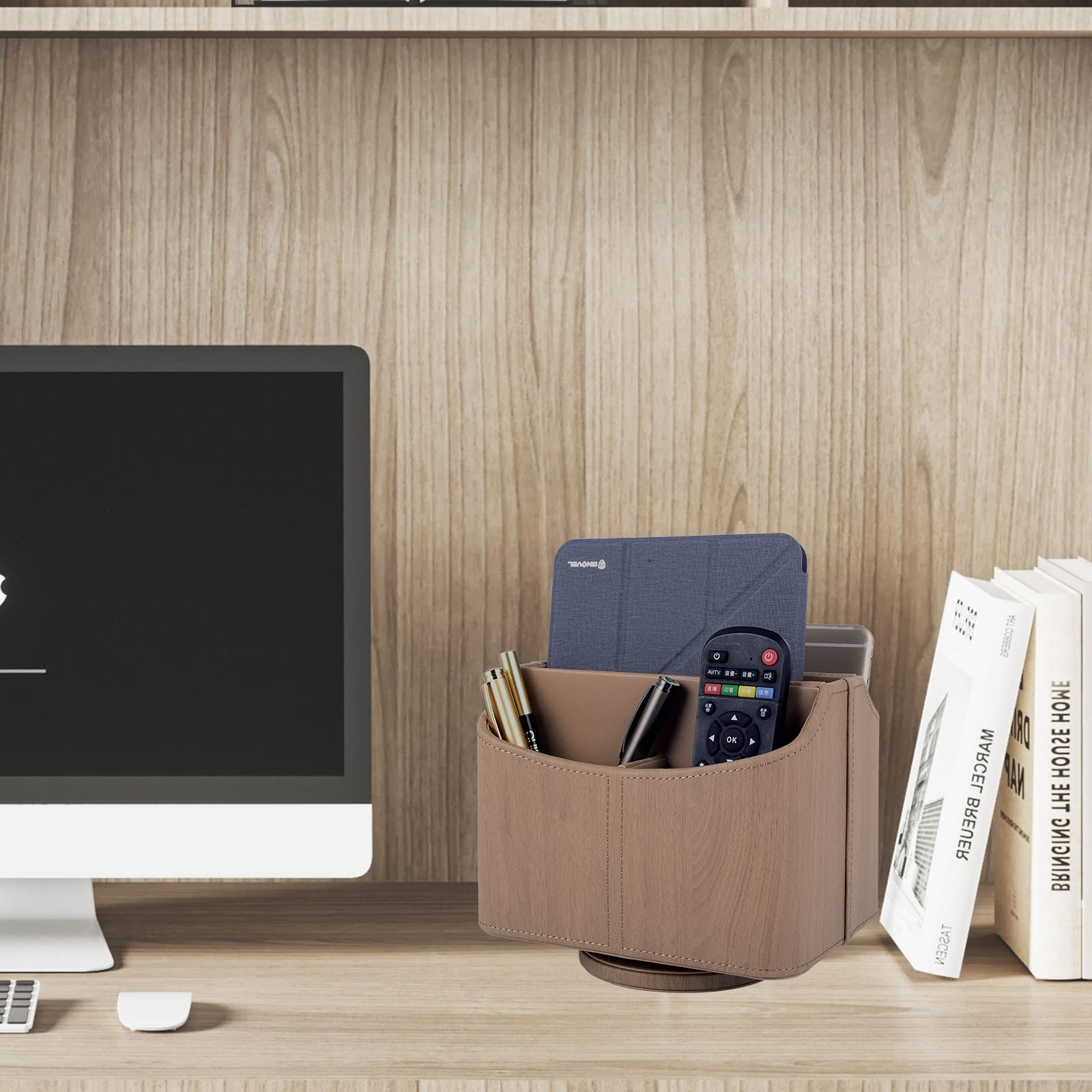 Support de télécommande en cuir rotatif à 360 degrés, organiseur de bureau pour télécommandes TV, stylo, calculatrice, téléphone portable, boîte de rangement pour gadgets, décoration de table de